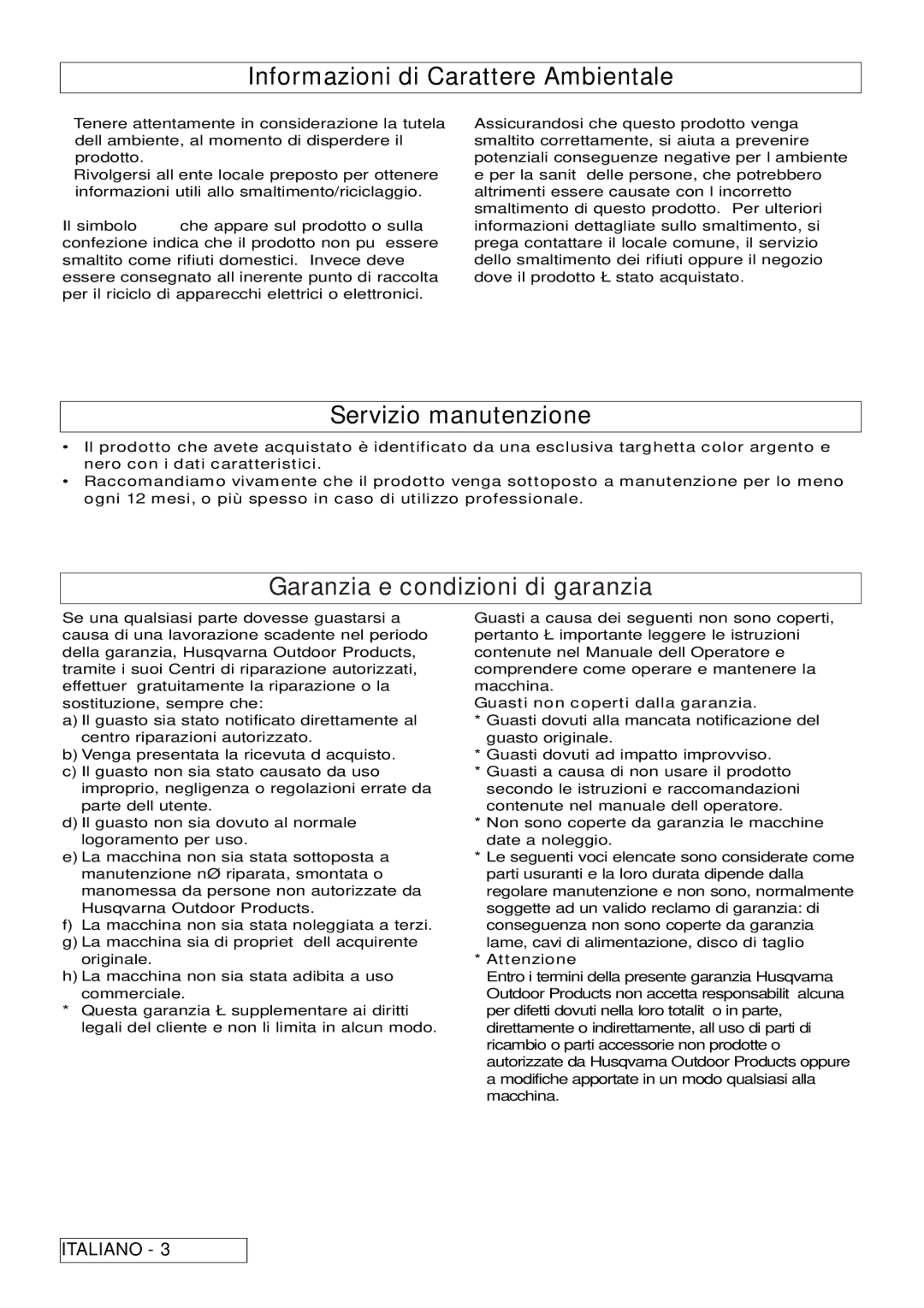 Flymo 510740403 Informazioni di Carattere Ambientale, Servizio manutenzione, Garanzia e condizioni di garanzia, Attenzione 