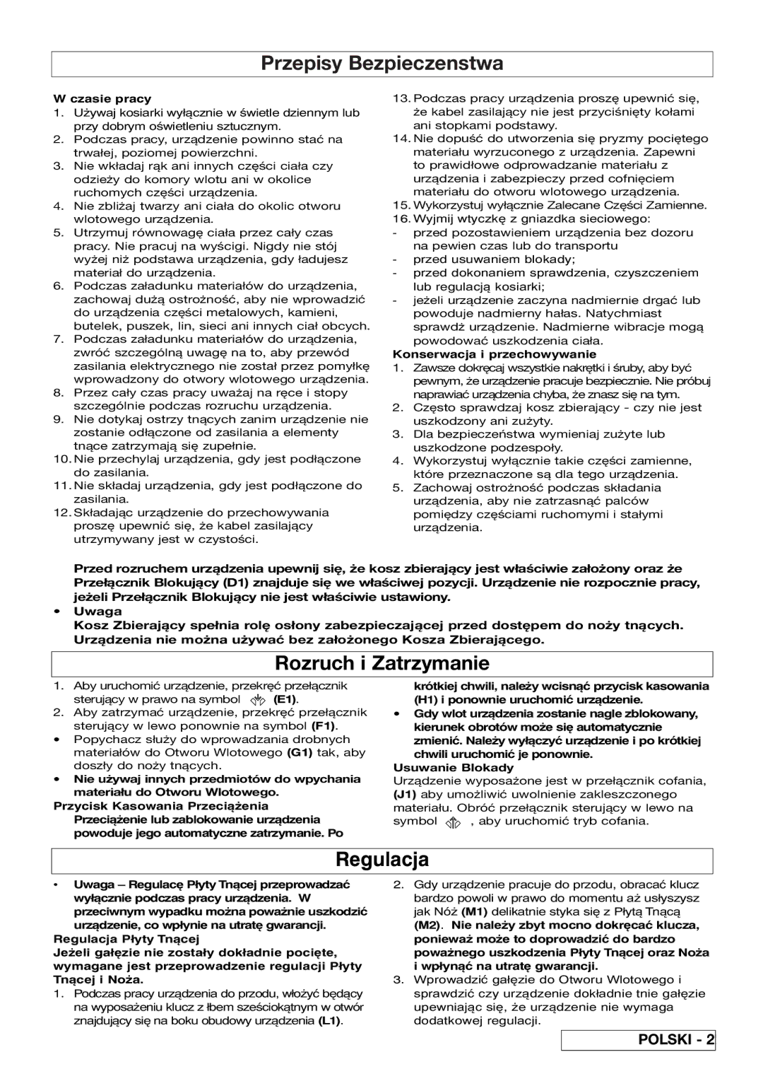 Flymo 510740403 manual Rozruch i Zatrzymanie, Regulacja, Czasie pracy, Konserwacja i przechowywanie 