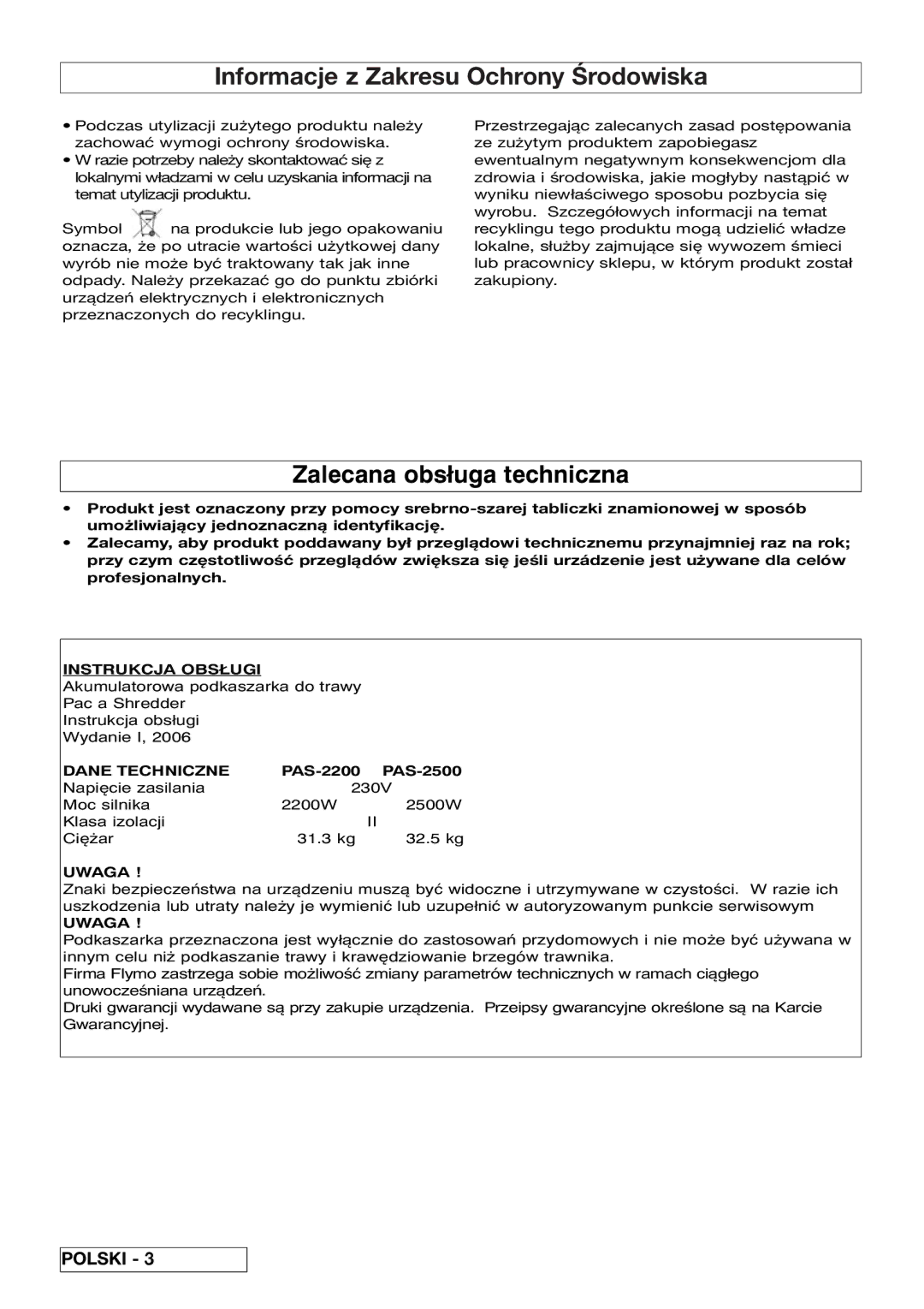 Flymo 510740403 manual Informacje z Zakresu Ochrony Środowiska, Zalecana obsługa techniczna, PAS-2200 PAS-2500 