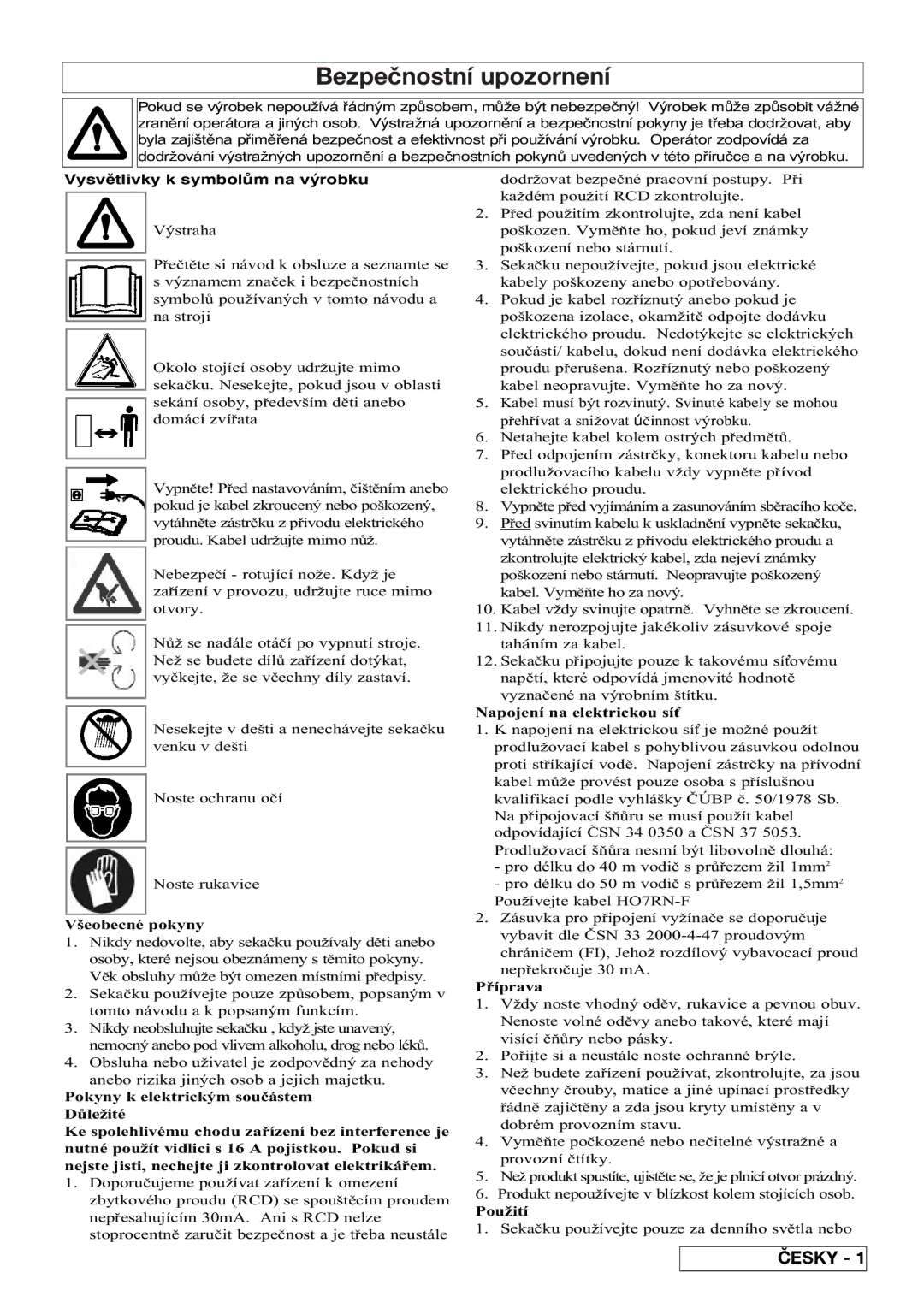 Flymo 510740403 manual Bezpečnostní upozornení, Vysvětlivky k symbolům na výrobku 