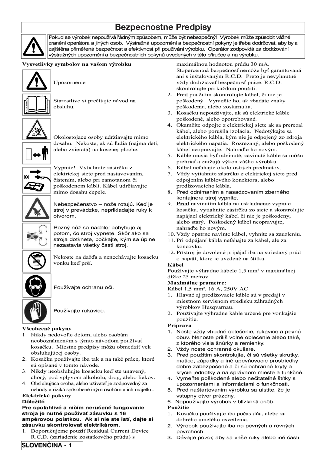 Flymo 510740403 manual Bezpecnostne Predpisy 