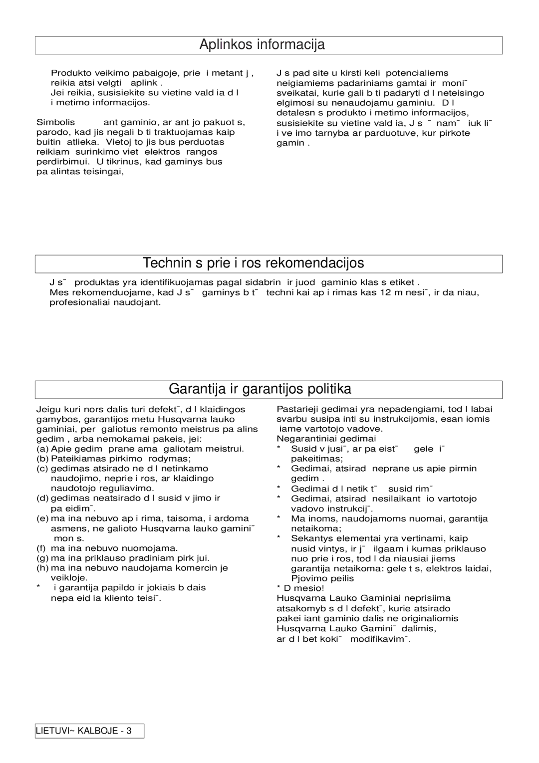 Flymo 510740403 manual Aplinkos informacija, Techninės priežiūros rekomendacijos, Garantija ir garantijos politika 