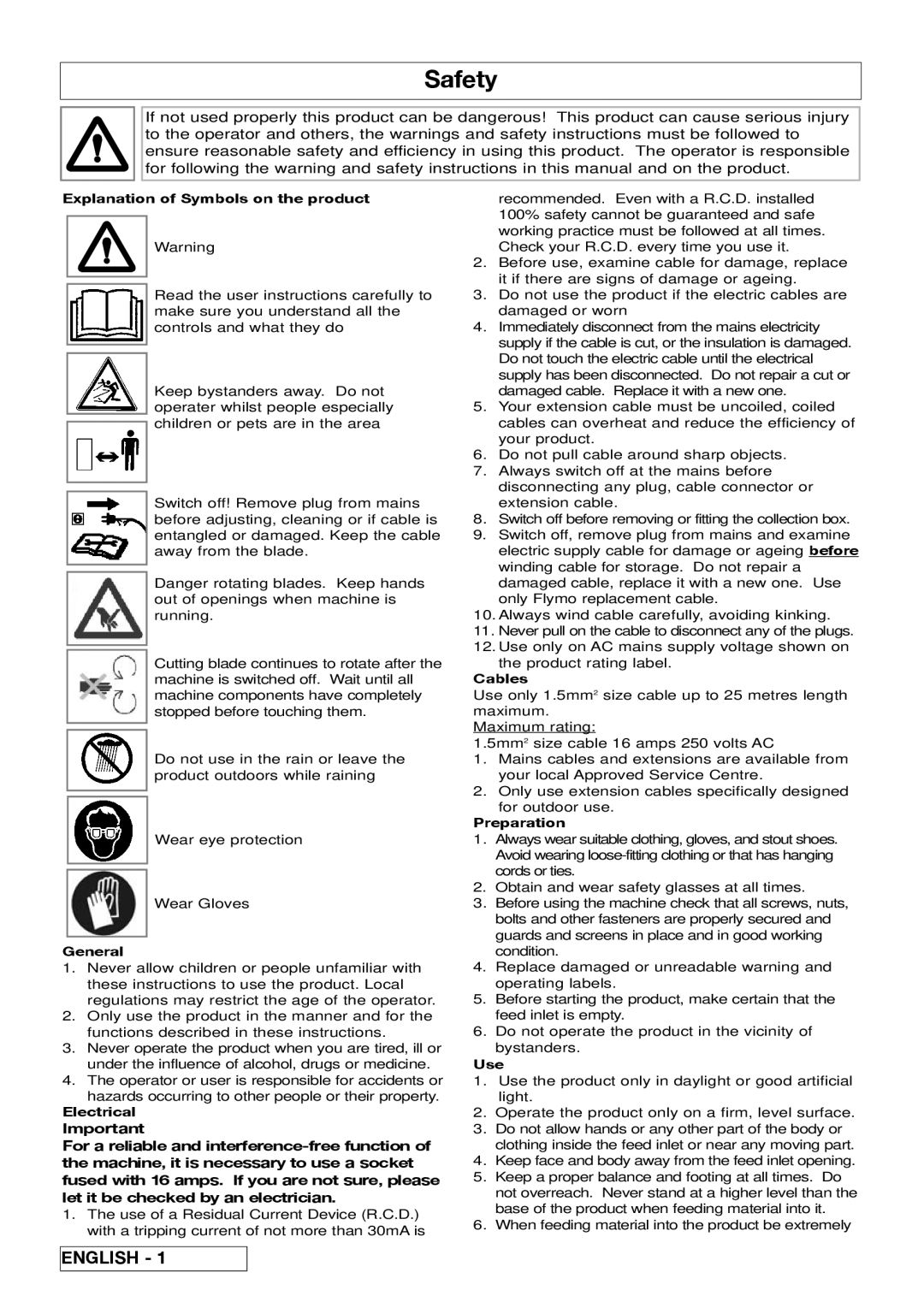 Flymo 510740403 manual Safety 