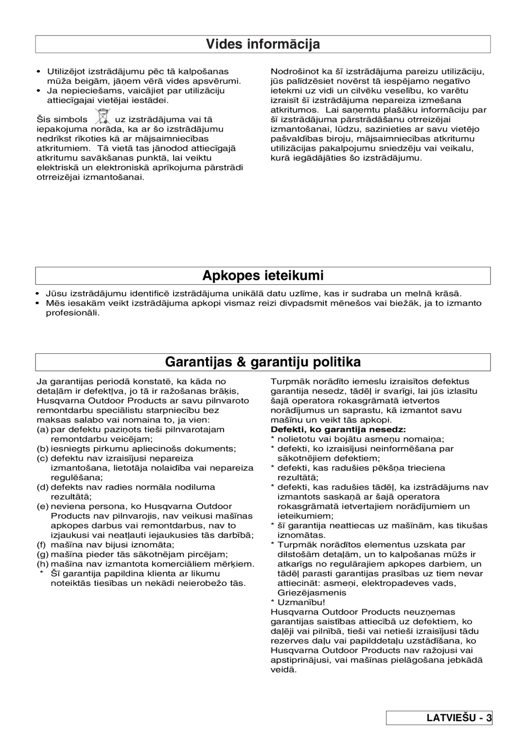 Flymo 510740403 manual Vides informcija, Apkopes ieteikumi, Garantijas & garantiju politika, Defekti, ko garantija nesedz 