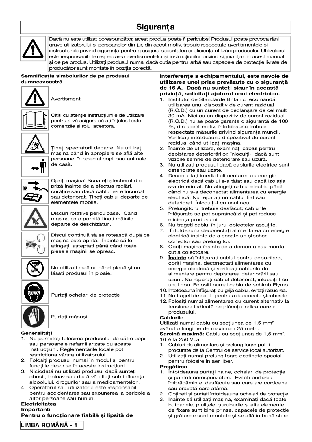 Flymo 510740403 manual Siguranţa 