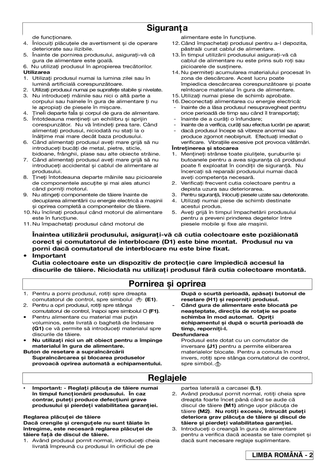 Flymo 510740403 manual Pornirea și oprirea, Reglajele, Utilizarea, Întreţinerea și stocarea 