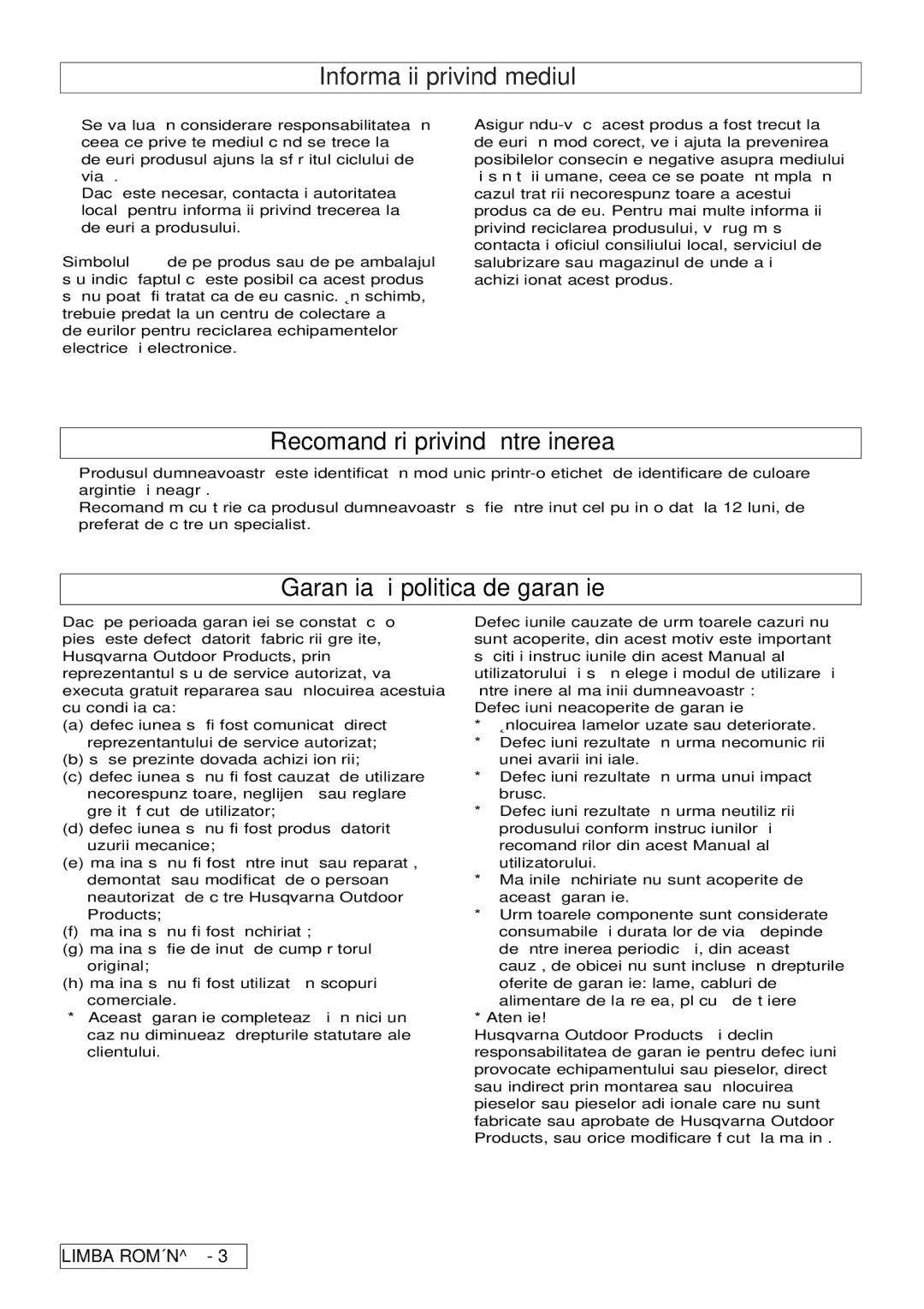 Flymo 510740403 Informaţii privind mediul, Recomandări privind întreţinerea, Garanţia și politica de garanţie, Atenţie 