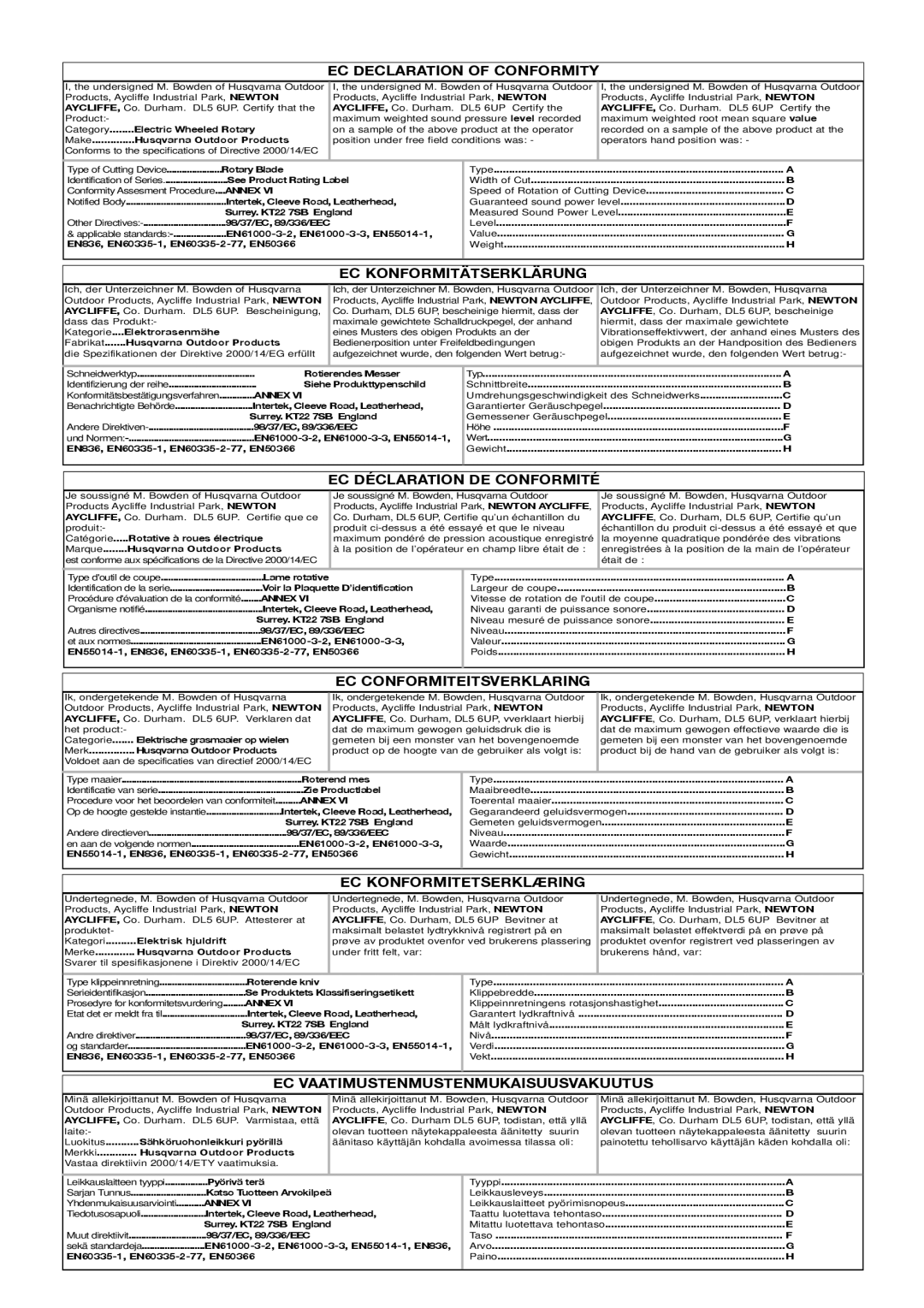 Flymo 510740403 manual EC Declaration of Conformity 