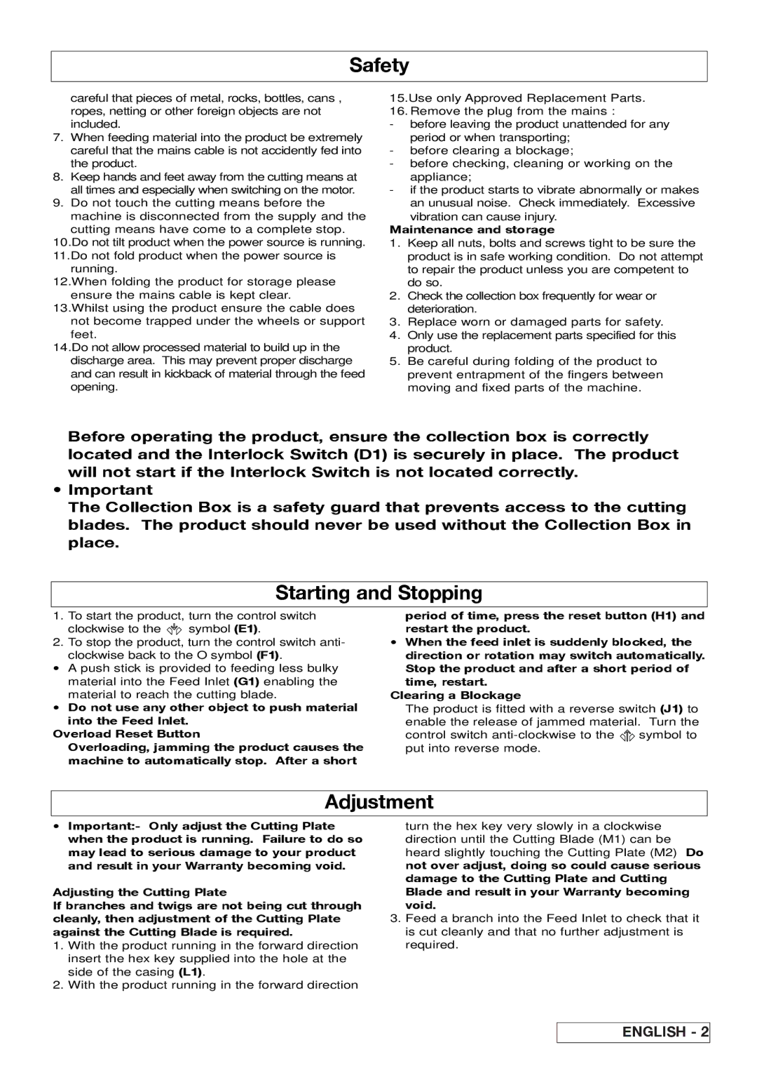 Flymo 510740403 manual Starting and Stopping, Adjustment, Maintenance and storage 