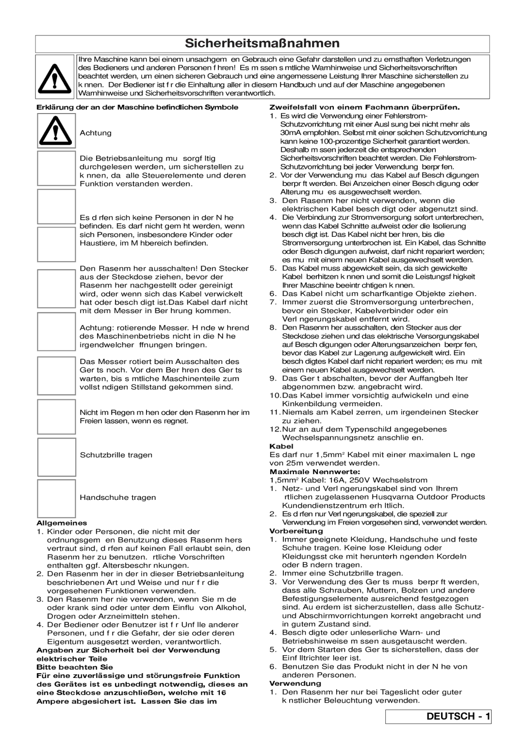 Flymo 510740403 manual Sicherheitsmaßnahmen, Erklärung der an der Maschine befindlichen Symbole 