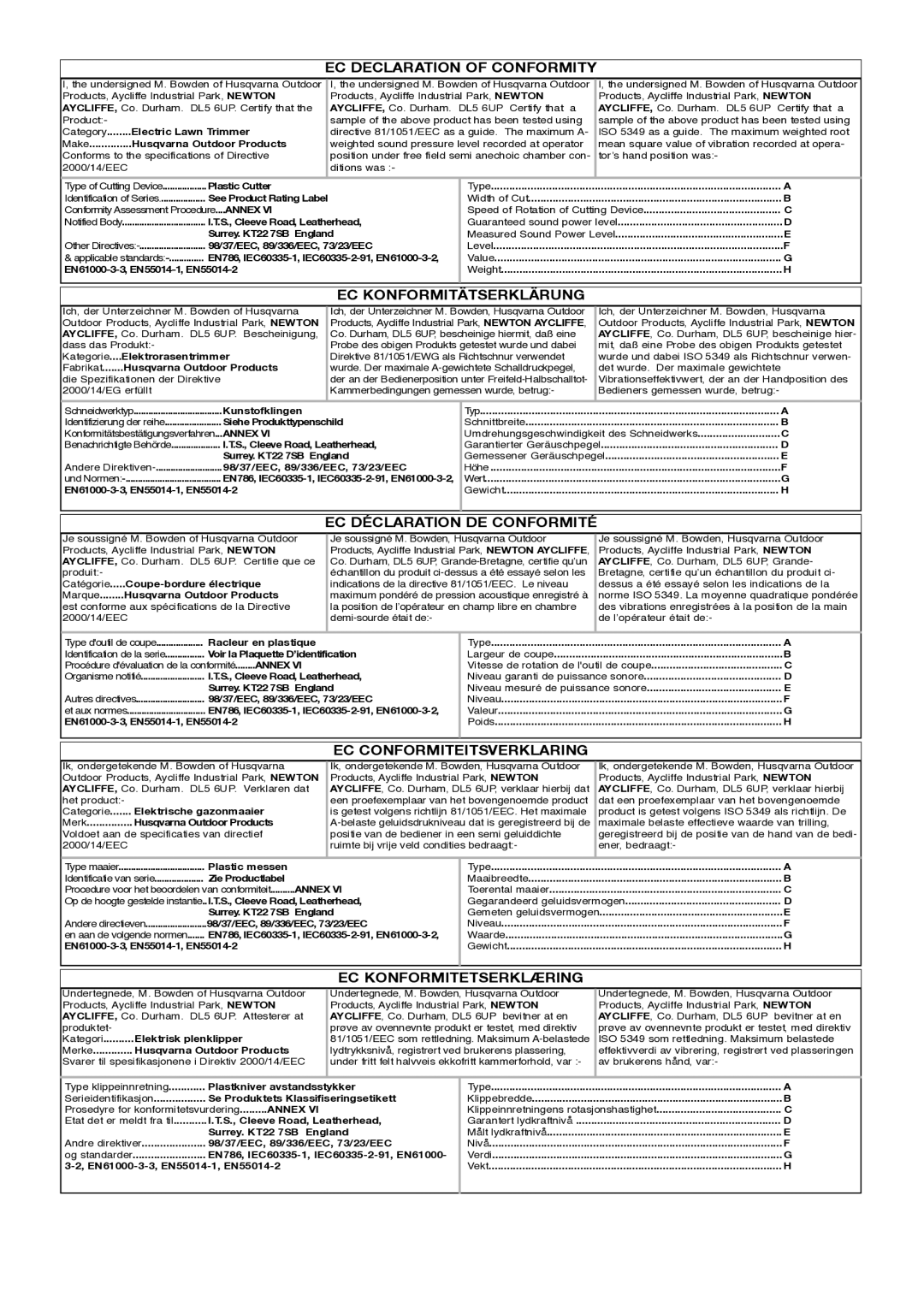 Flymo 5119627-03 manual EC Declaration of Conformity, EC Konformitätserklärung, EC Déclaration DE Conformité 