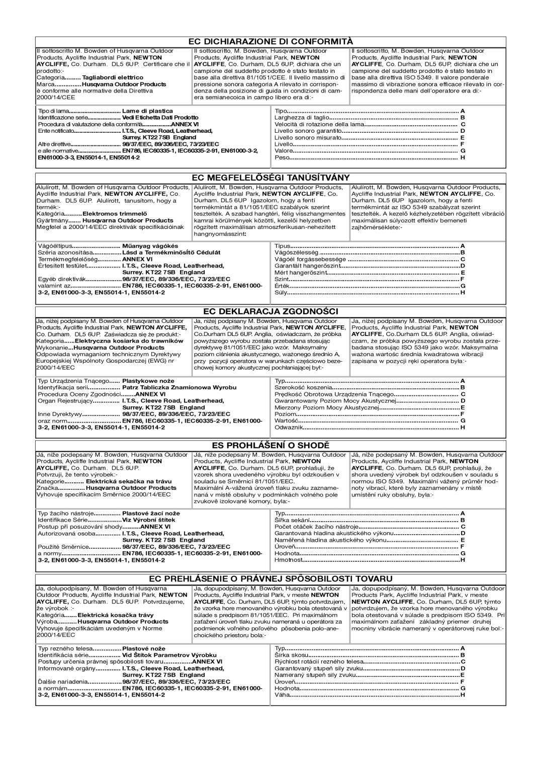 Flymo 5119627-03 manual EC Dichiarazione DI Conformità, EC Megfelelőségi Tanúsítvány, EC Deklaracja Zgodności 