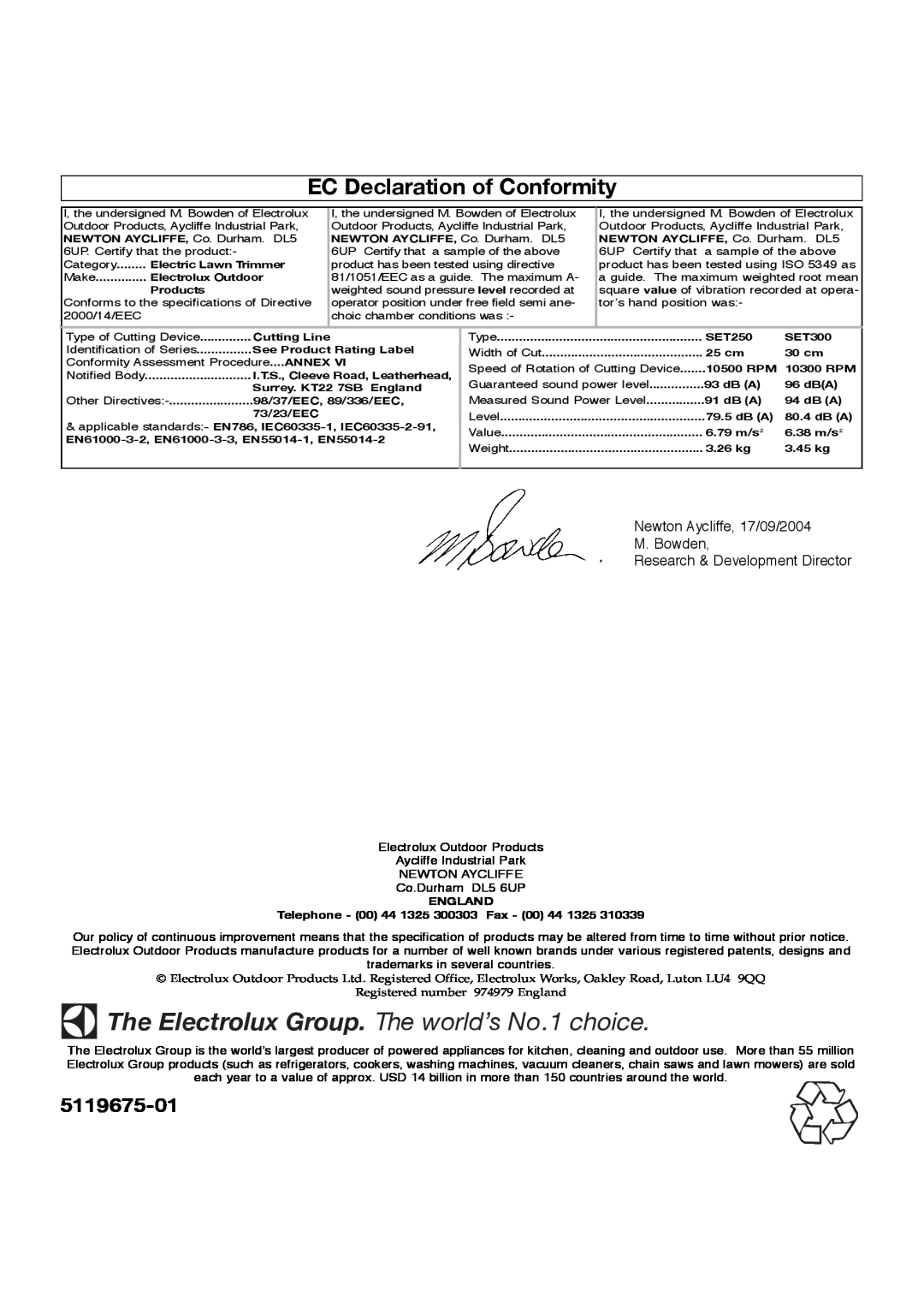 Flymo 511967501 manual EC Declaration of Conformity, Newton Aycliffe, 17/09/2004 M. Bowden Research & Development Director 