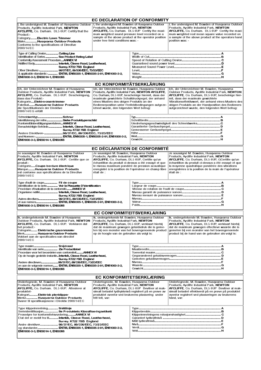 Flymo 5119748-03 manual EC Declaration of Conformity, EC Konformitätserklärung, EC Déclaration DE Conformité 