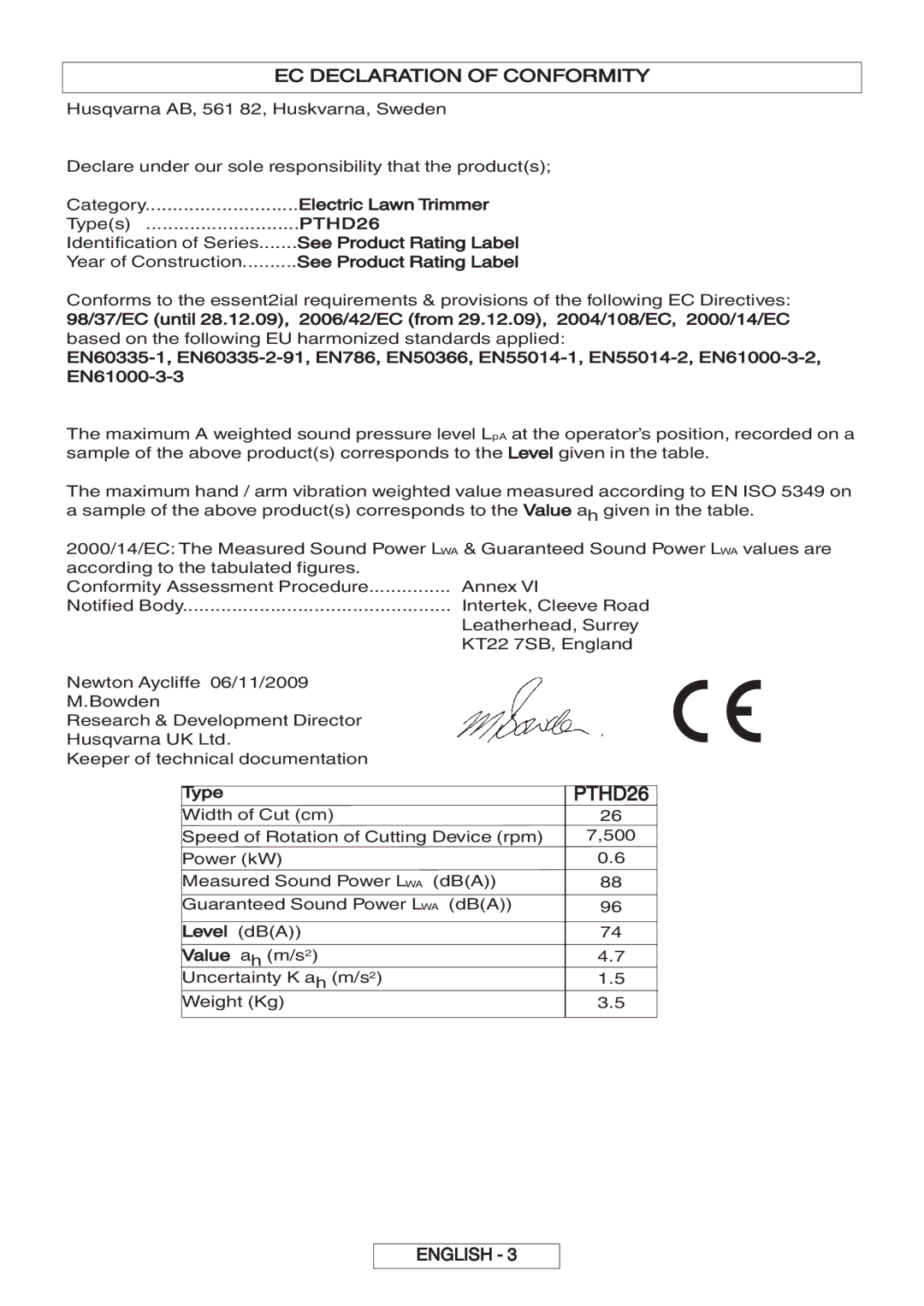 Flymo 600 HD manual PTHD26, EC Declaration of Conformity 