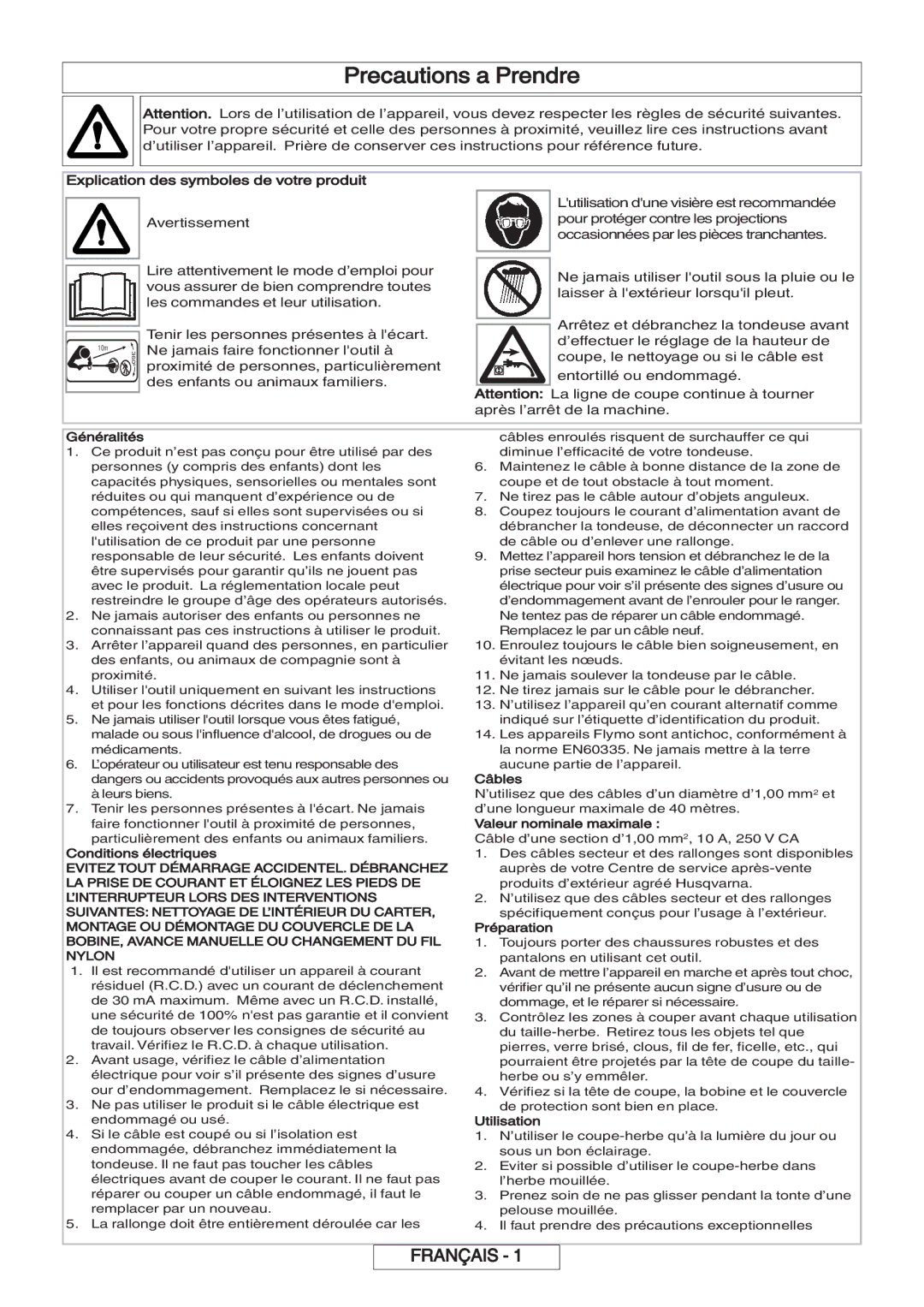 Flymo 600 HD manual Precautions a Prendre, Explication des symboles de votre produit 