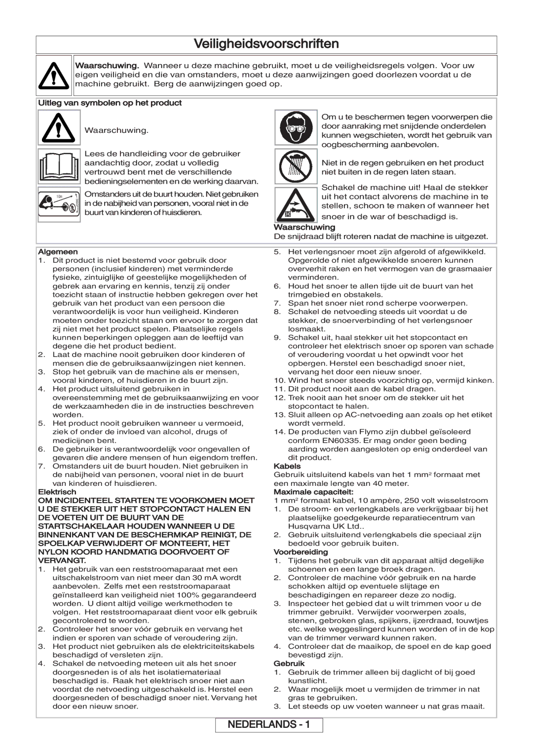 Flymo 600 HD manual Veiligheidsvoorschriften, Uitleg van symbolen op het product, Waarschuwing 