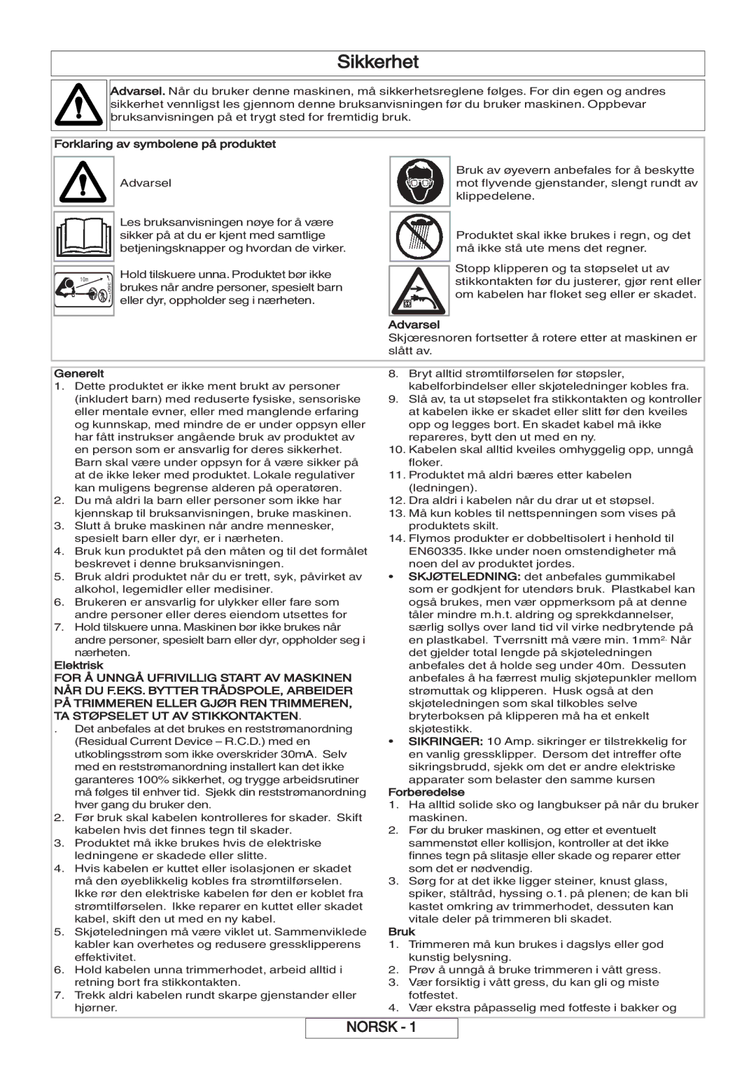 Flymo 600 HD manual Sikkerhet 