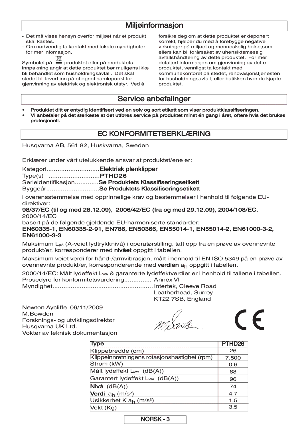 Flymo 600 HD manual Miljøinformasjon, Service anbefalinger, EC Konformitetserklæring, Elektrisk plenklipper 