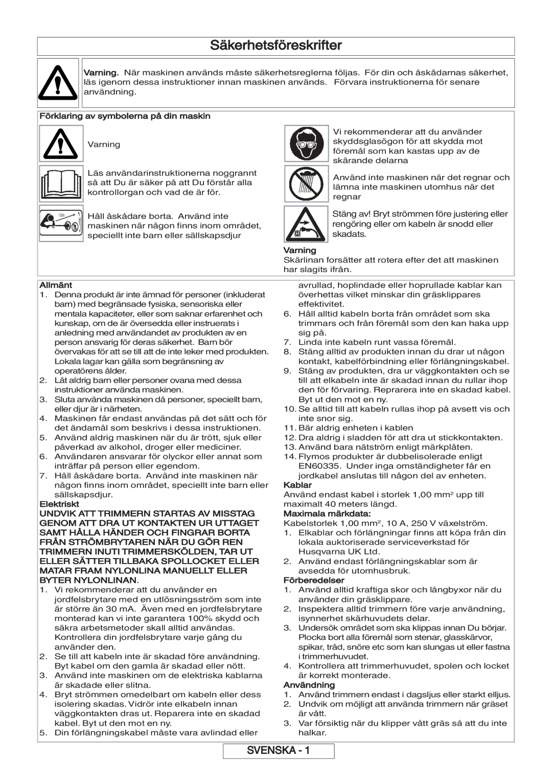 Flymo 600 HD manual Säkerhetsföreskrifter 