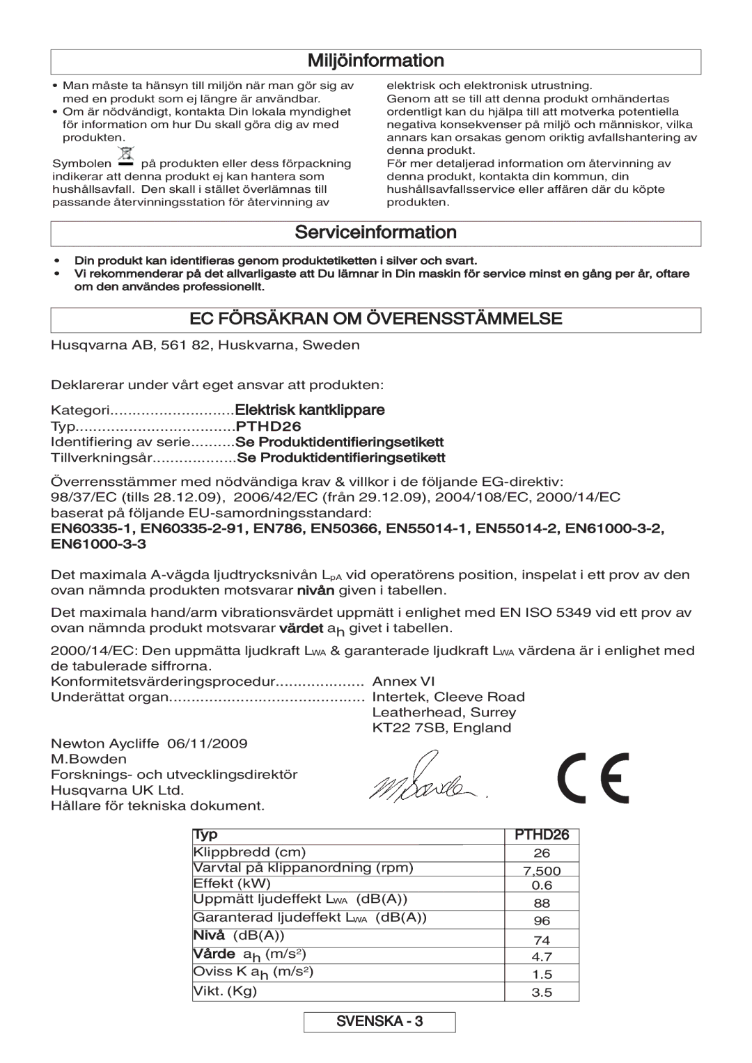 Flymo 600 HD manual Miljöinformation, Serviceinformation, EC Försäkran OM Överensstämmelse, Elektrisk kantklippare 