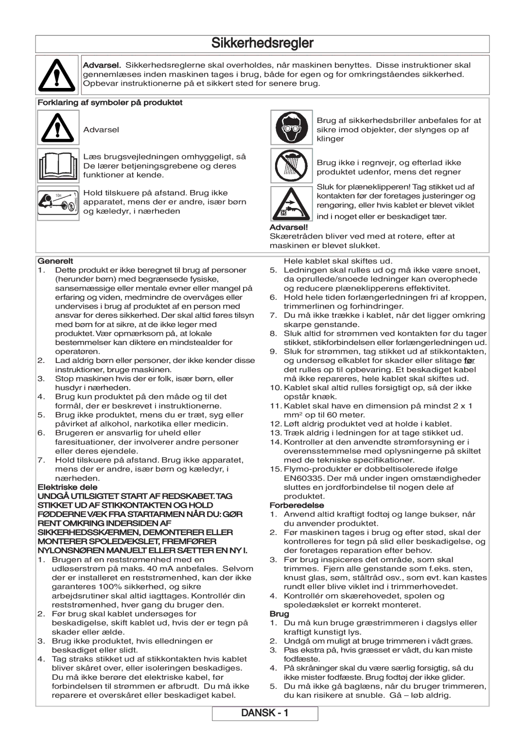 Flymo 600 HD manual Sikkerhedsregler, Forklaring af symboler på produktet, Elektriske dele, Brug 