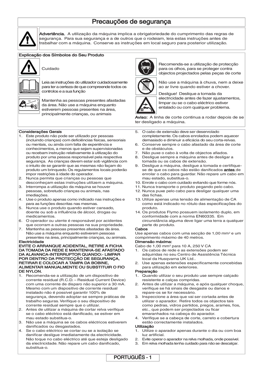 Flymo 600 HD manual Precauções de segurança, Explicação dos Símbolos do Seu Produto 