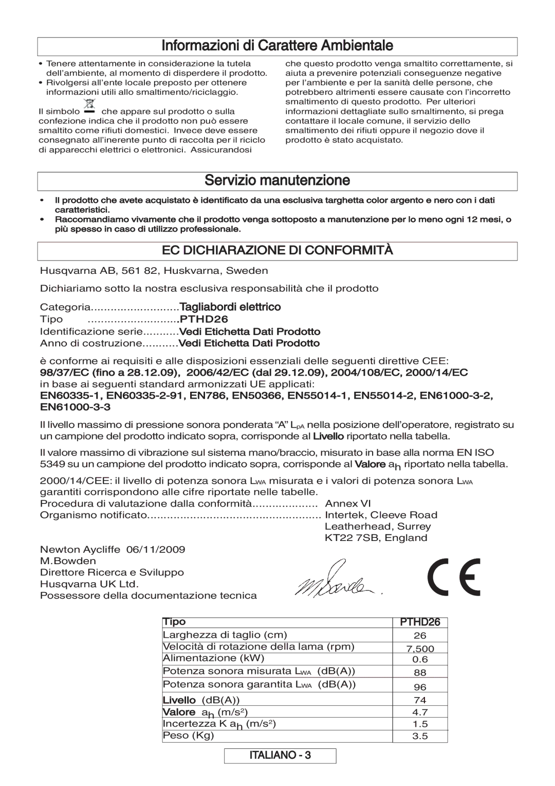 Flymo 600 HD manual Informazioni di Carattere Ambientale, Servizio manutenzione, EC Dichiarazione DI Conformità 