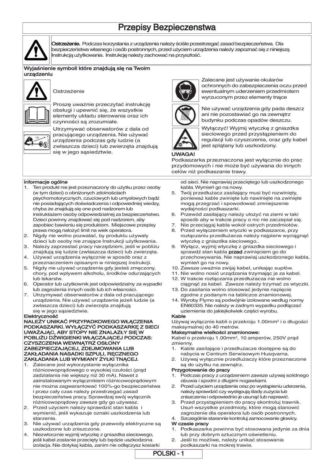 Flymo 600 HD manual Przepisy Bezpieczenstwa, Wyjaśnienie symboli które znajdują się na Twoim urządzeniu 