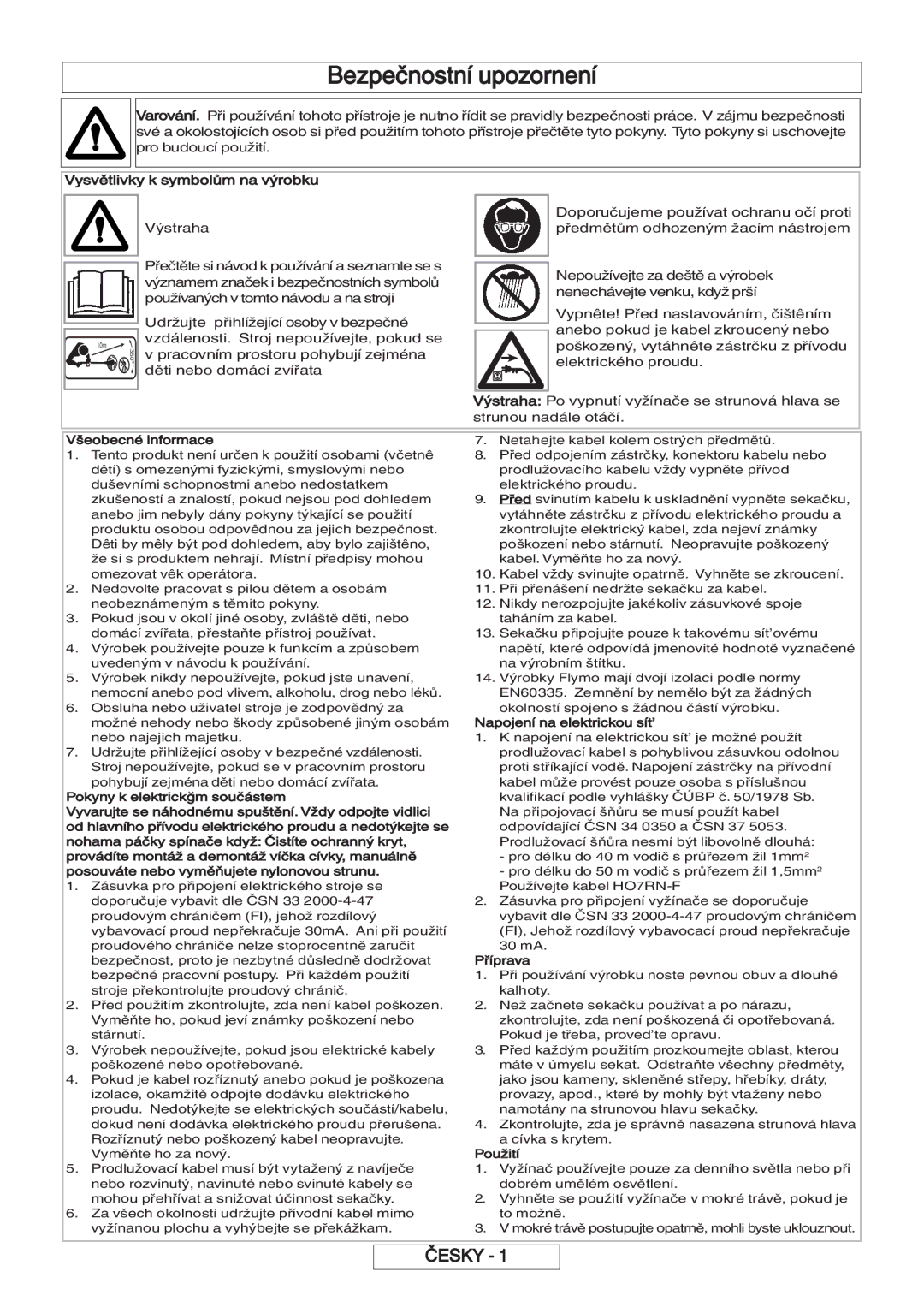 Flymo 600 HD manual Bezpečnostní upozornení, Vysvětlivky k symbolům na výrobku 