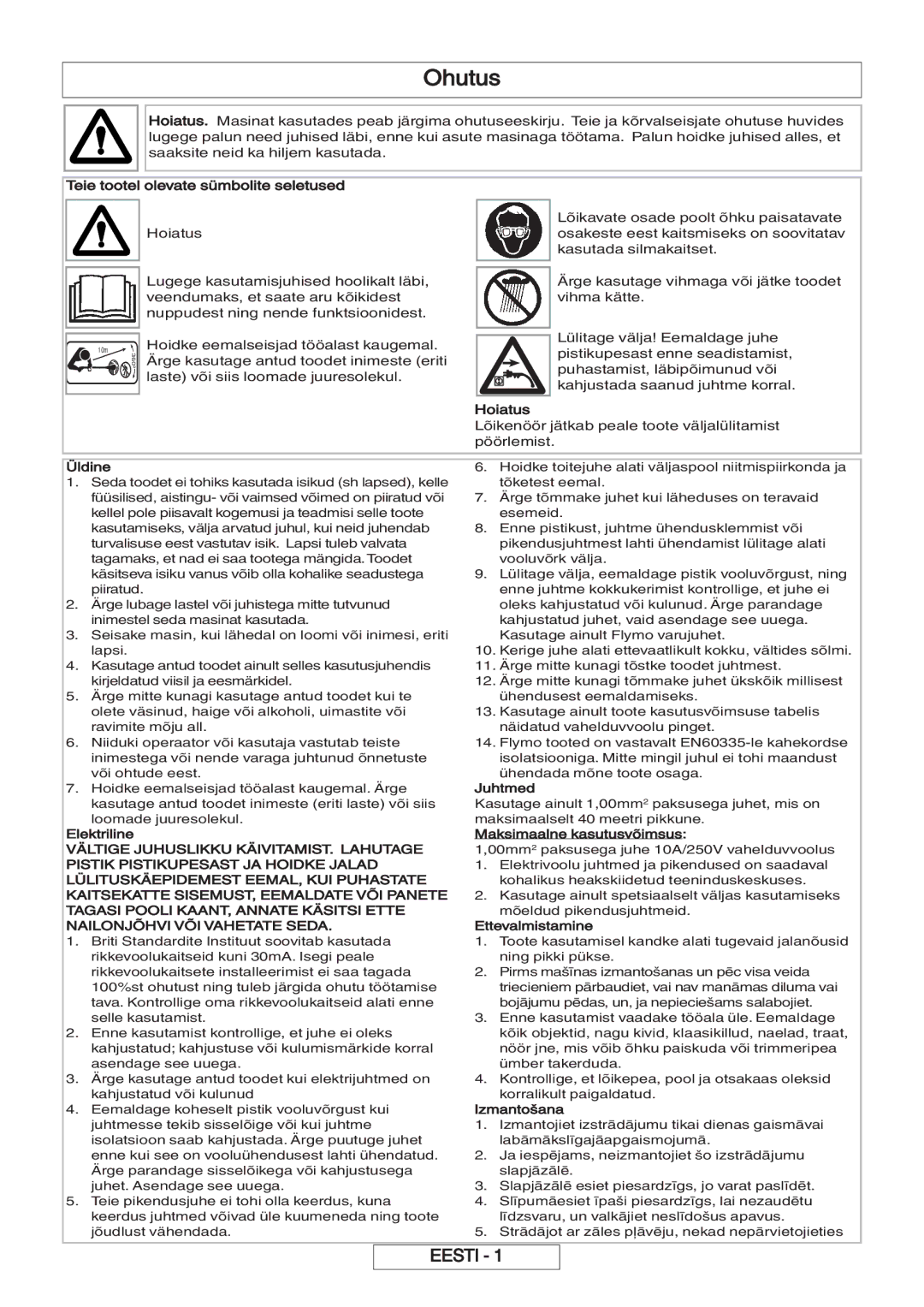 Flymo 600 HD manual Ohutus 