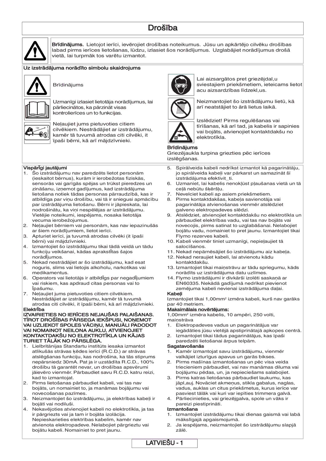 Flymo 600 HD manual Drošība, Uz izstrādājuma norādīto simbolu skaidrojums, Brīdinājums 