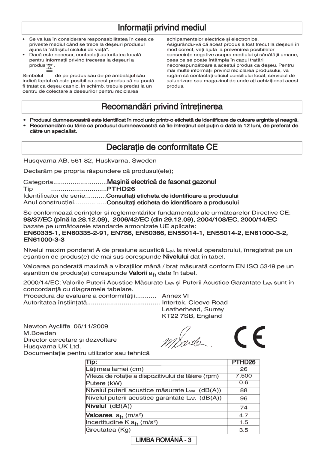 Flymo 600 HD manual Informaţii privind mediul, Recomandări privind întreţinerea, Declaraţie de conformitate CE 