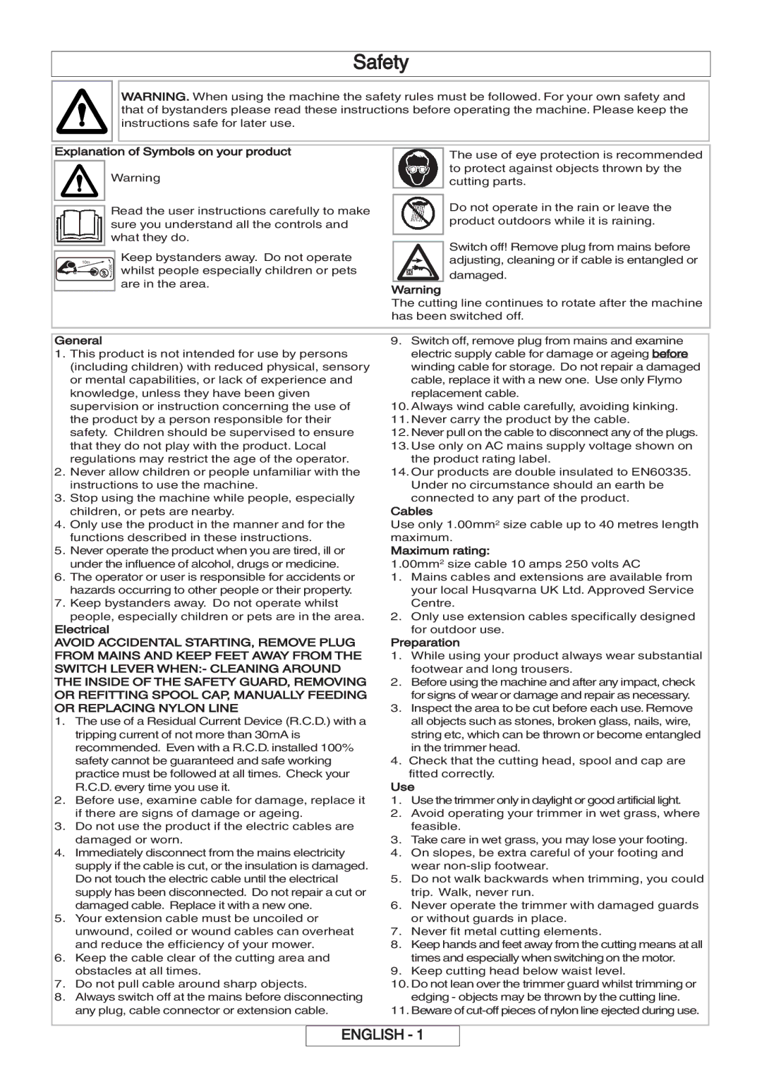 Flymo 600 HD manual Safety 