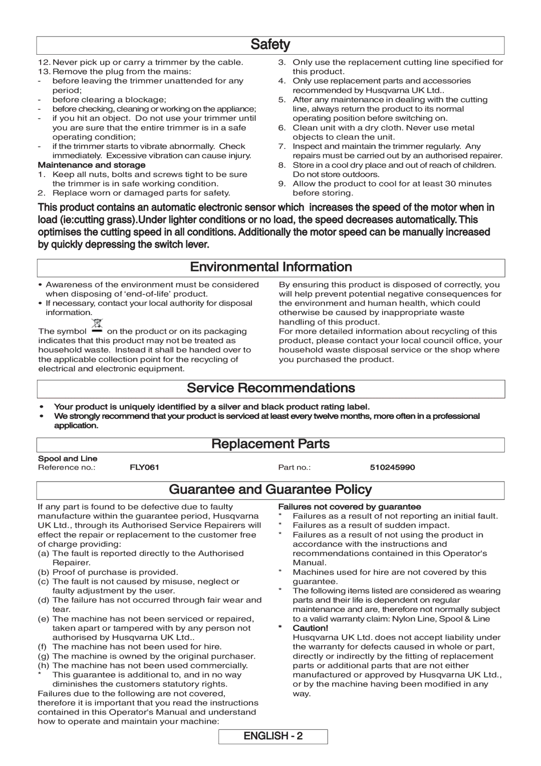 Flymo 600 HD manual Environmental Information, Service Recommendations, Replacement Parts, Guarantee and Guarantee Policy 