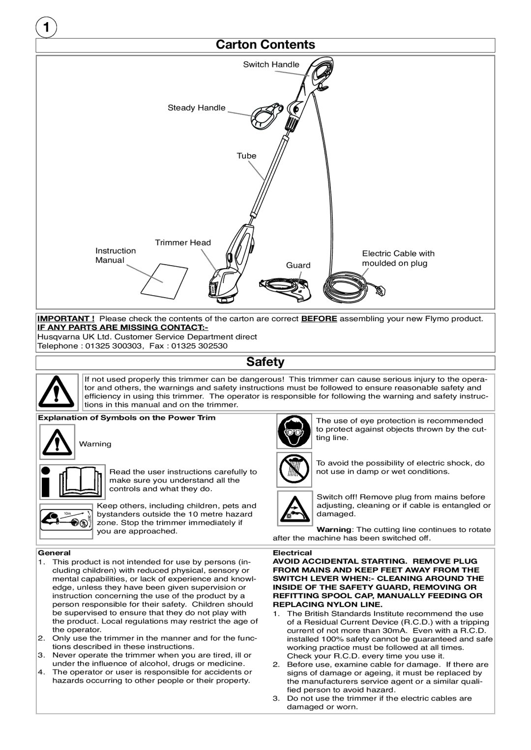 Flymo 600 HD manual Carton Contents, Safety 