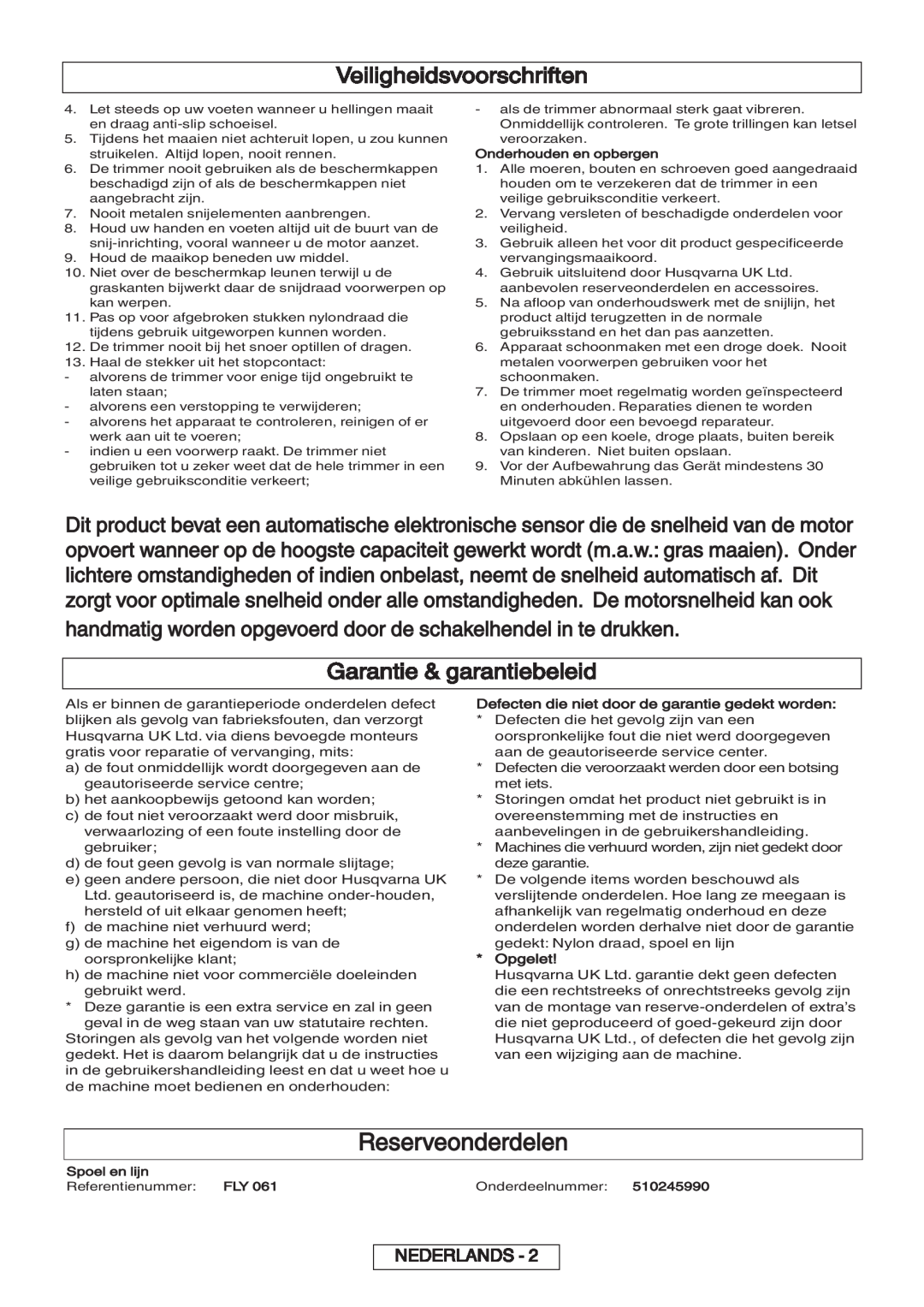 Flymo 600 HD manual Reserveonderdelen, Garantie & garantiebeleid, Veiligheidsvoorschriften, Nederlands 