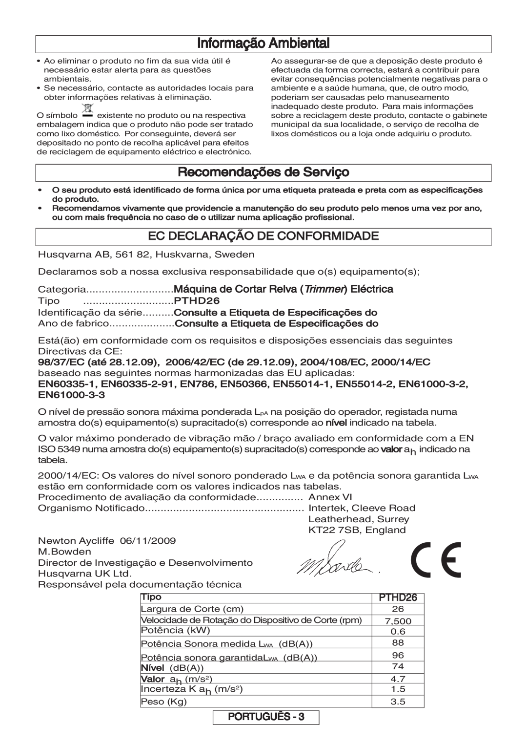 Flymo 600 HD manual Informação Ambiental, Recomendações de Serviço, Ec Declaração De Conformidade, PTHD26, Português 