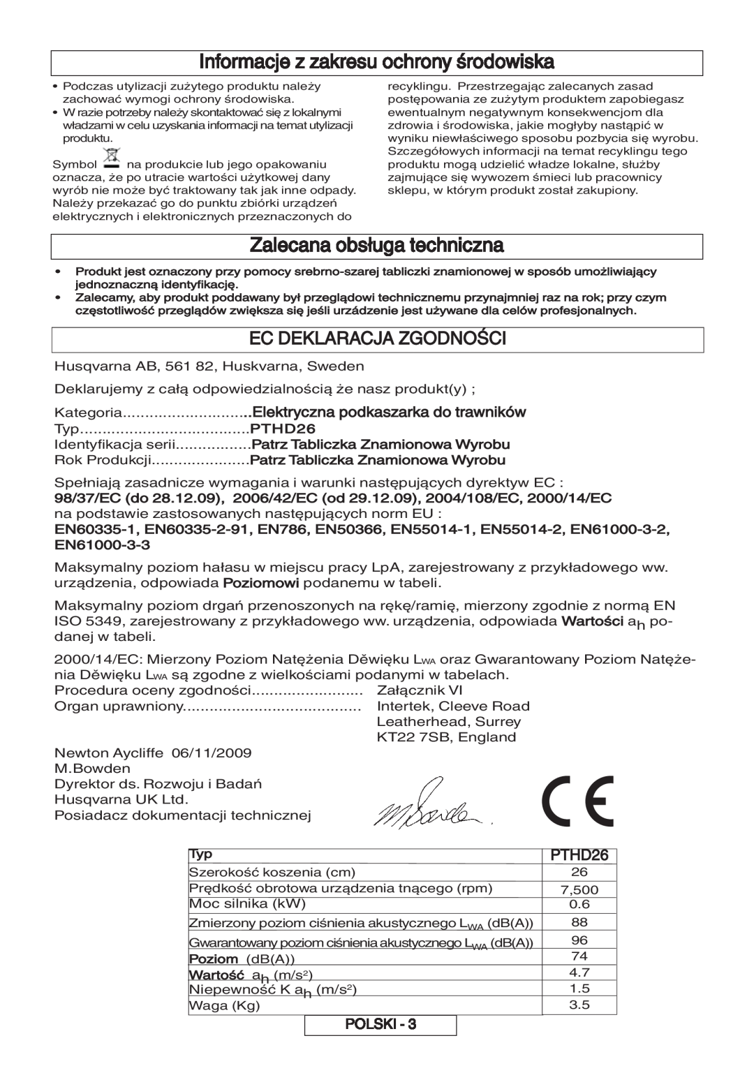 Flymo 600 HD Informacje z zakresu ochrony środowiska, Zalecana obsługa techniczna, Ec Deklaracja Zgodności, PTHD26, Polski 