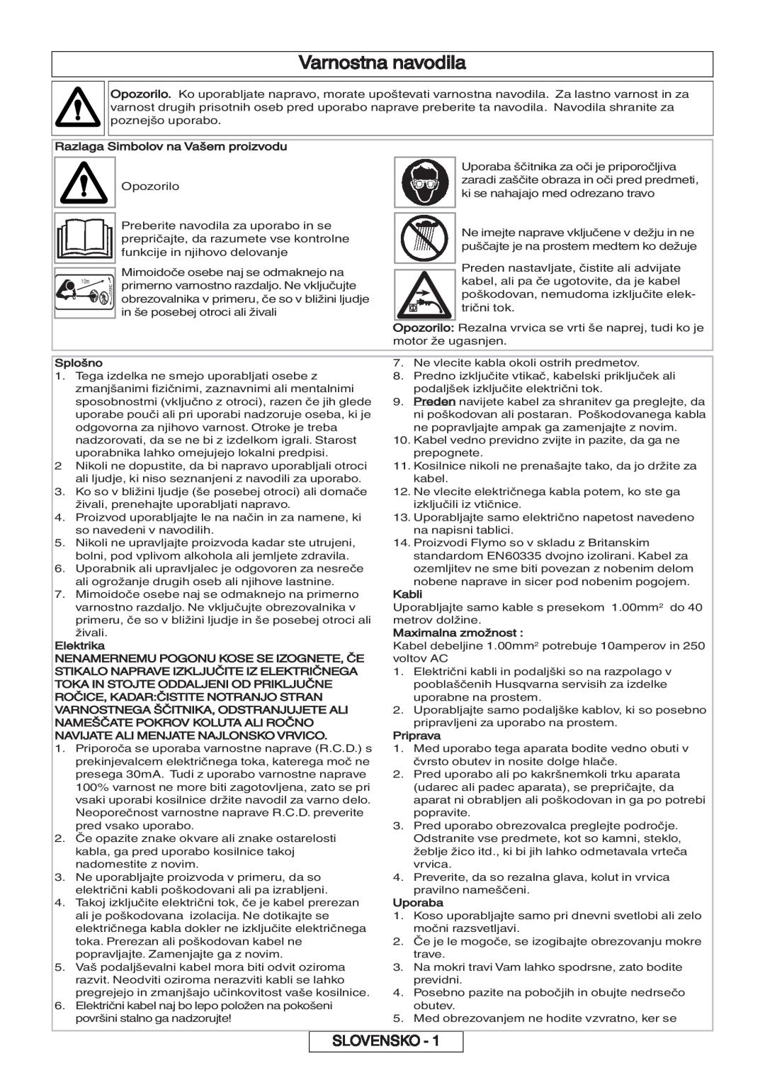 Flymo 600 HD manual Varnostna navodila, Slovensko 