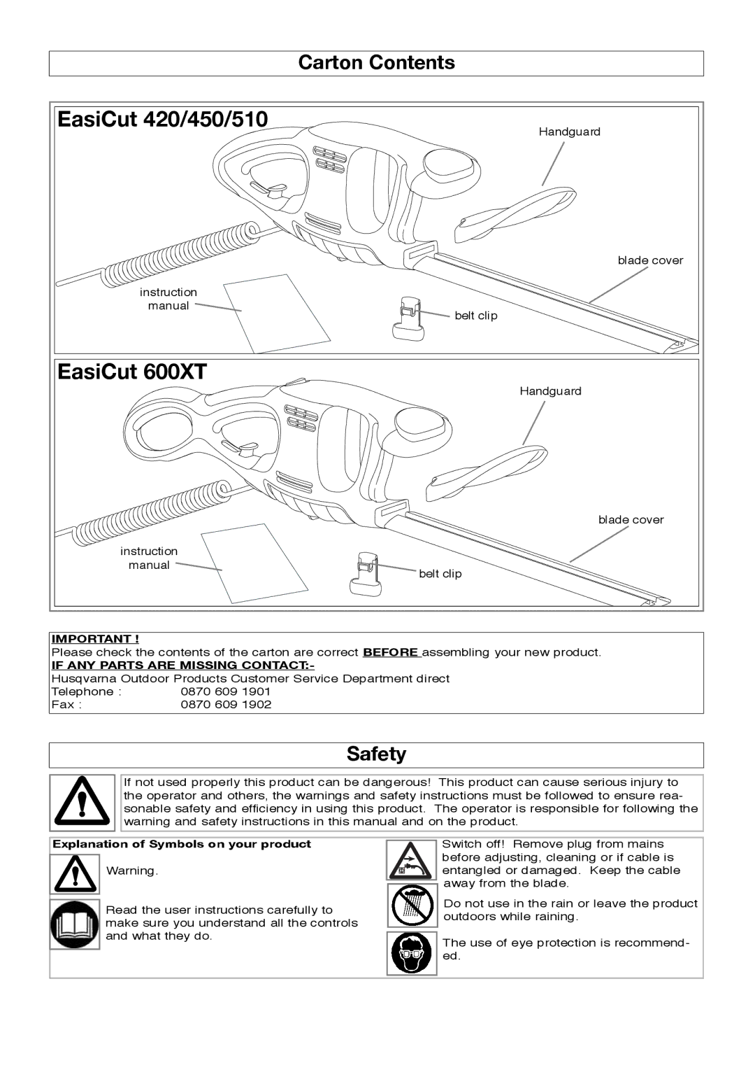 Flymo 510, 600XT, 450 manual Carton Contents, Safety, Explanation of Symbols on your product 