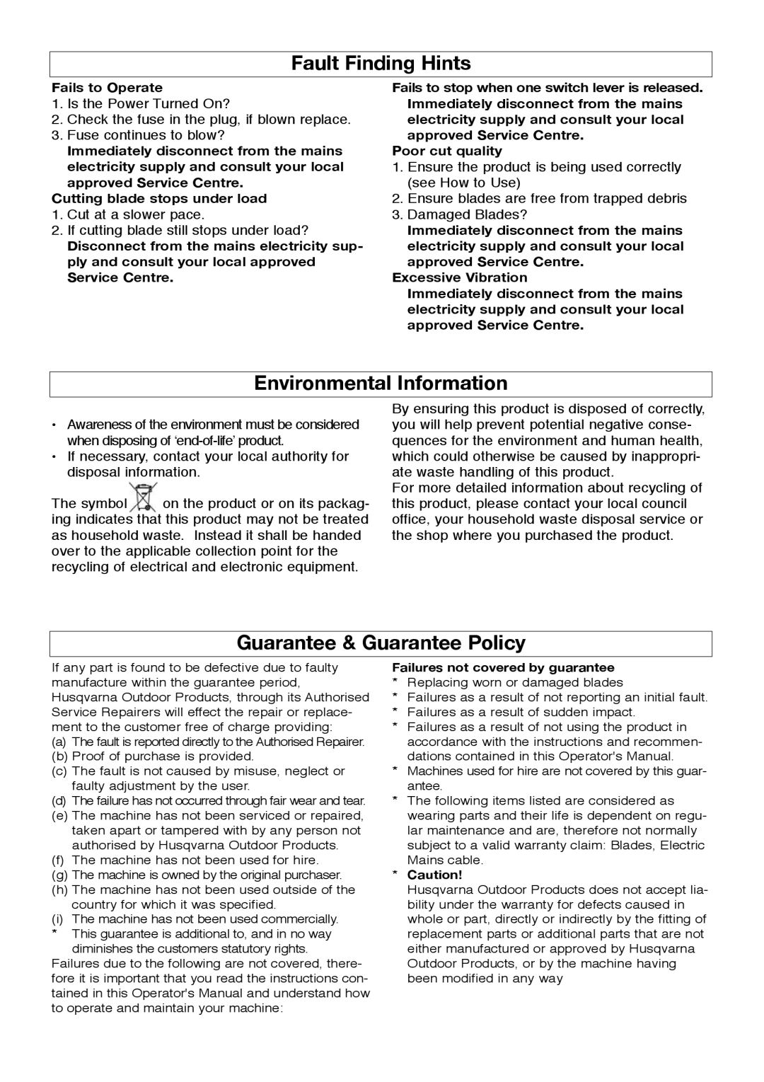 Flymo 450, 600XT, 510 manual Fault Finding Hints, Environmental Information, Guarantee & Guarantee Policy, Fails to Operate 