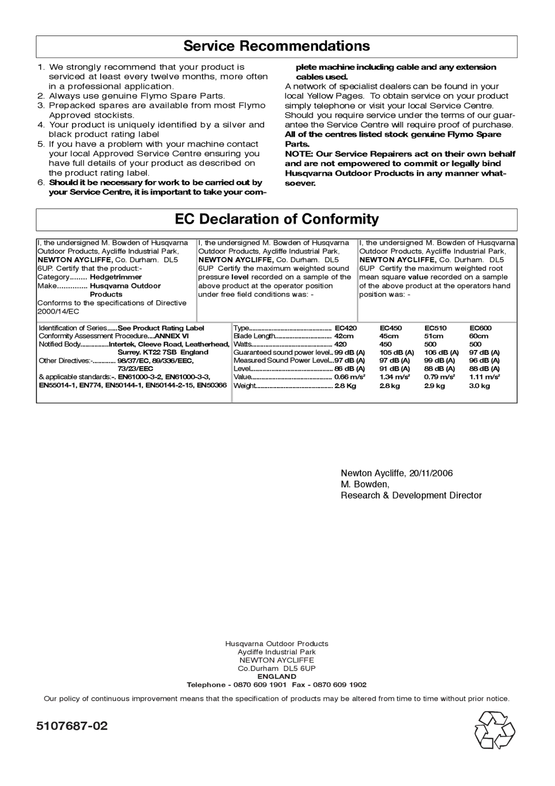 Flymo 510 Service Recommendations, EC Declaration of Conformity, All of the centres listed stock genuine Flymo Spare Parts 