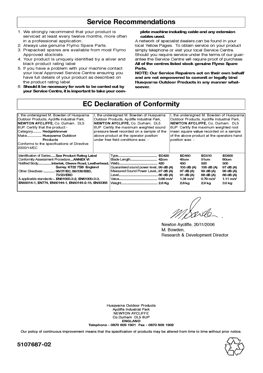 Flymo 600XT, 450 manual Service Recommendations, EC Declaration of Conformity, 5107687-02 