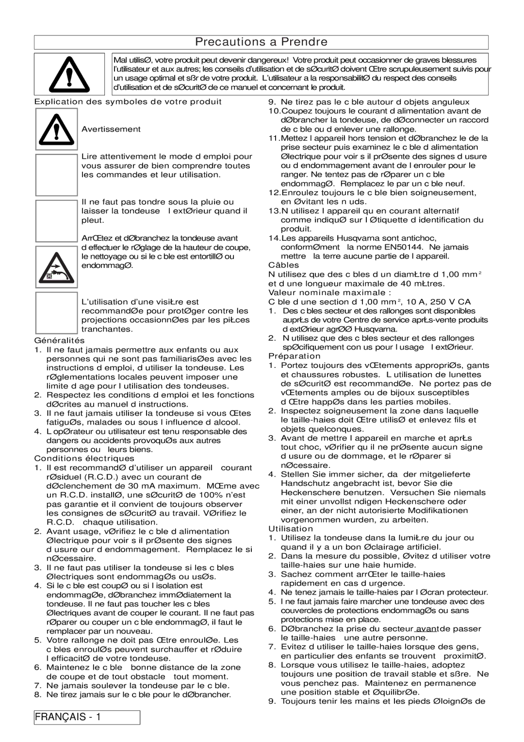 Flymo 6500XT, 7000XT Explication des symboles de votre produit, Généralités, Conditions électriques, Câbles, Préparation 