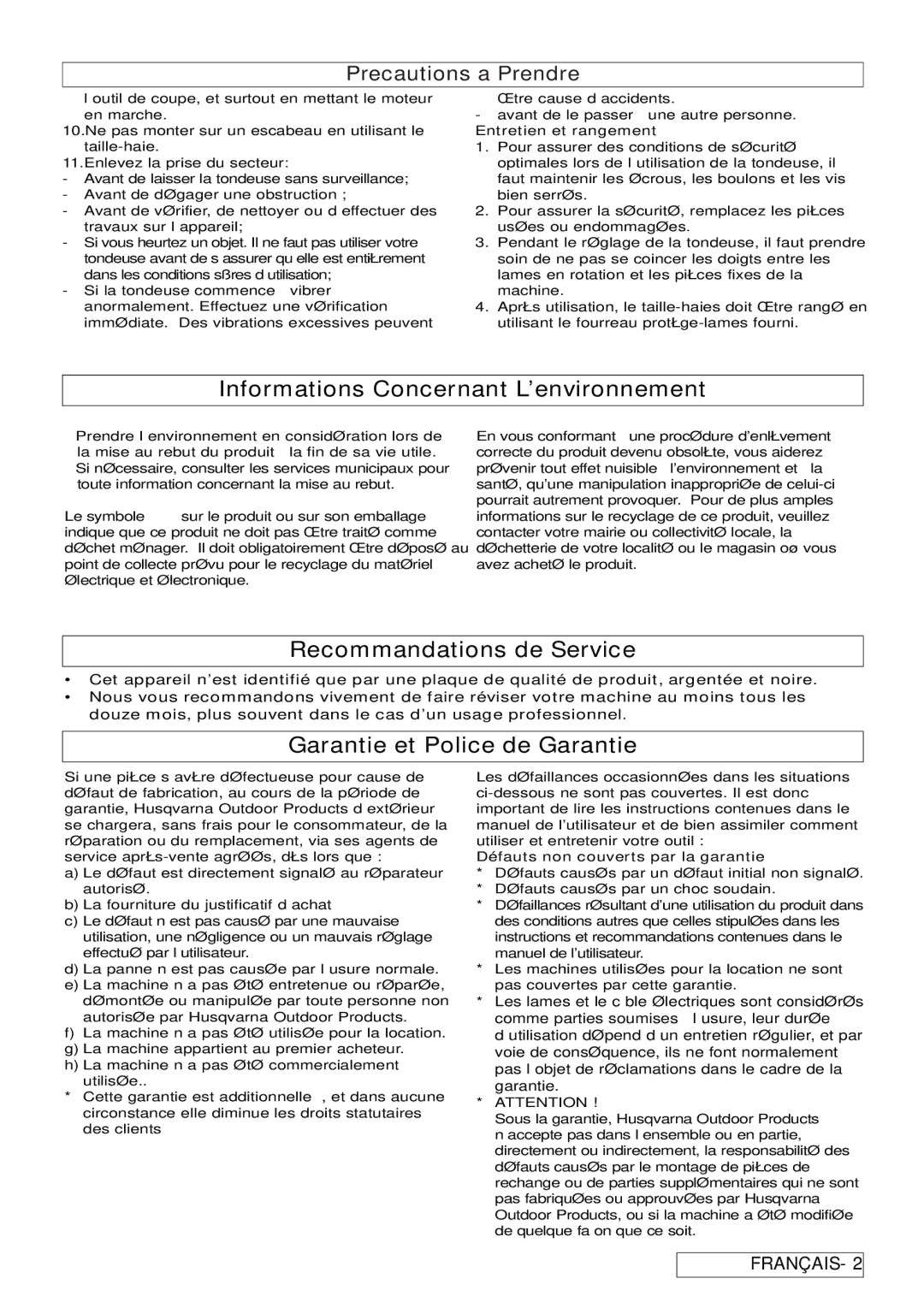 Flymo 6000XT, 7000XT Informations Concernant L’environnement, Recommandations de Service, Garantie et Police de Garantie 