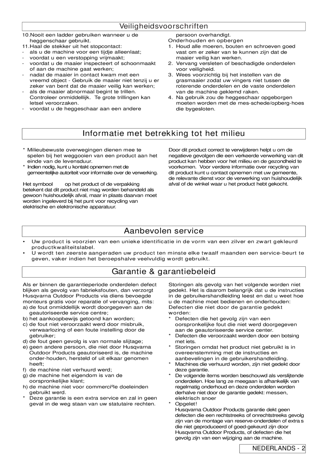 Flymo 5500, 7000XT, 6500XT, 6000XT Informatie met betrekking tot het milieu, Aanbevolen service, Garantie & garantiebeleid 