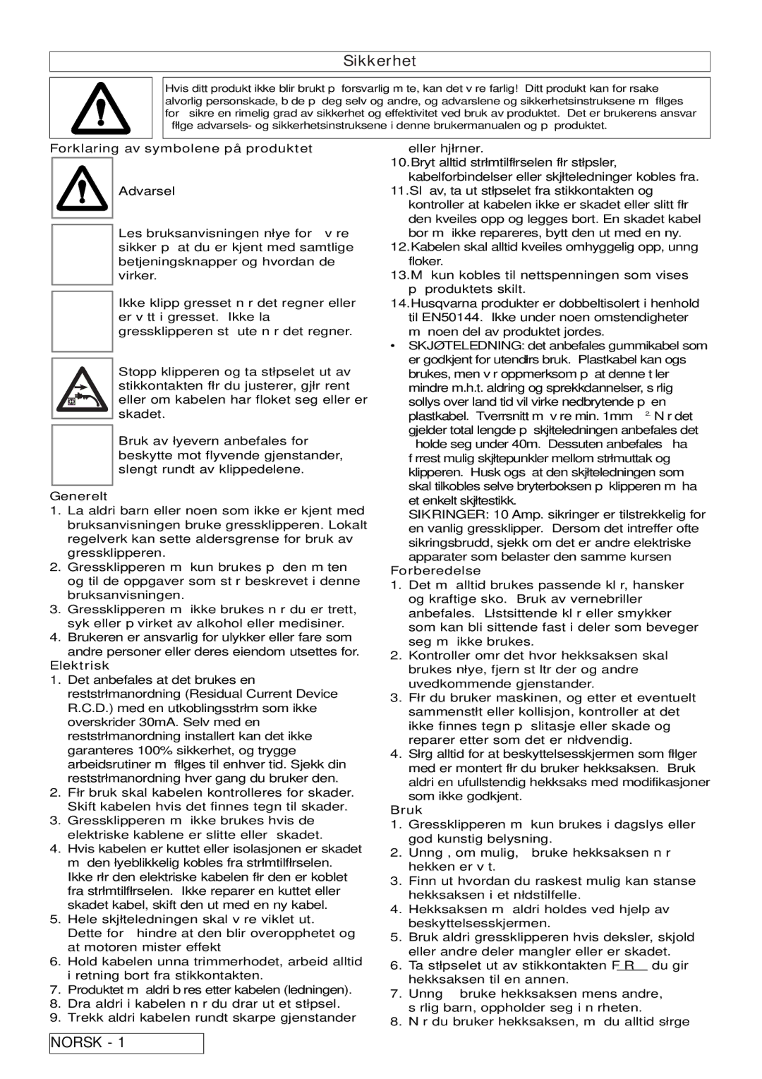 Flymo 6500XT, 7000XT, 5500, 6000XT manual Forklaring av symbolene på produktet, Generelt, Elektrisk, Forberedelse, Bruk 