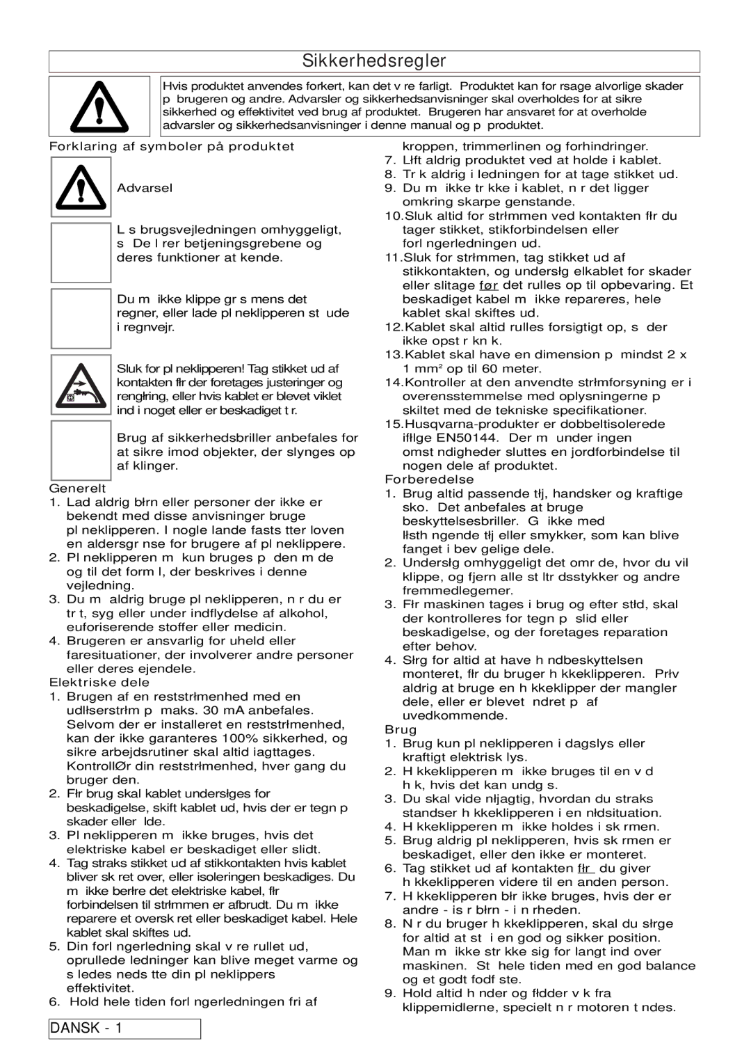 Flymo 7000XT, 5500, 6500XT, 6000XT manual Sikkerhedsregler, Forklaring af symboler på produktet, Elektriske dele, Brug 