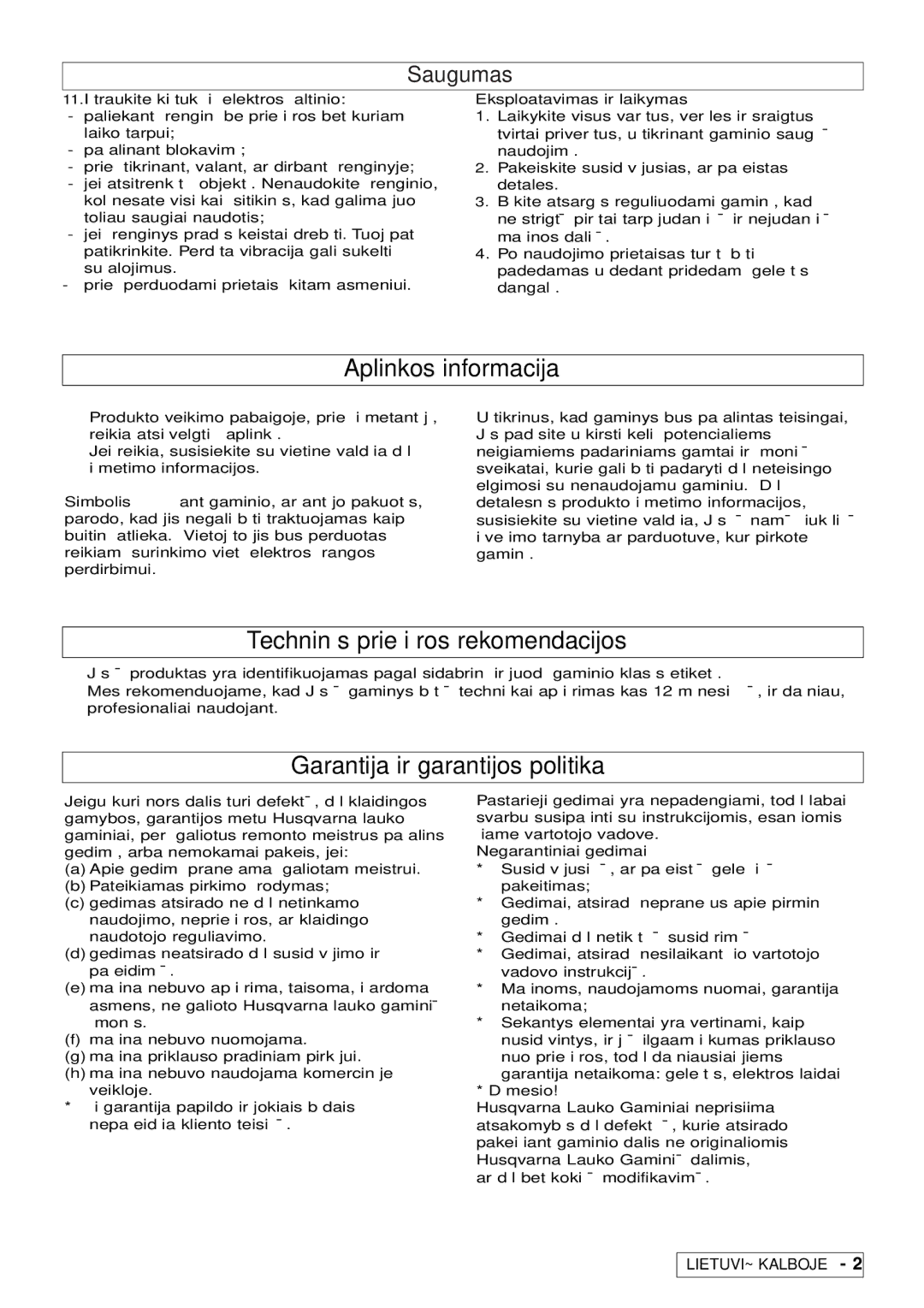 Flymo 6000XT, 7000XT, 5500 manual Aplinkos informacija, Techninės priežiūros rekomendacijos, Garantija ir garantijos politika 